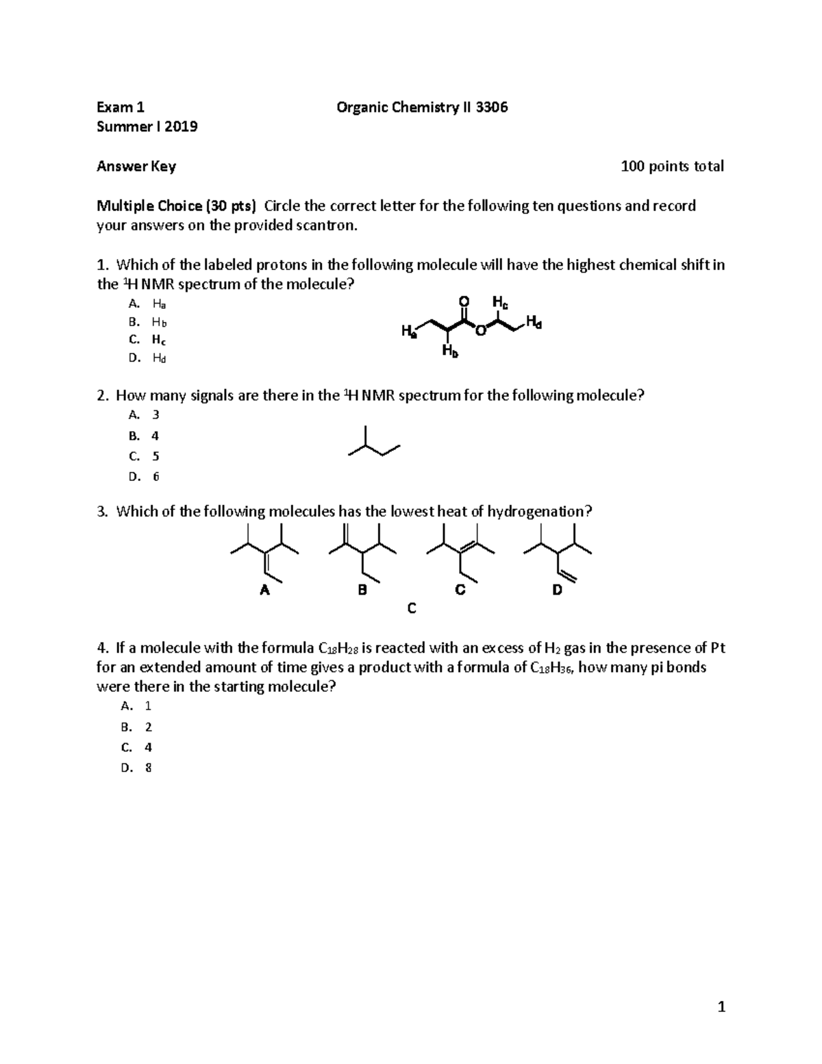 Older Exam 1 Answer Key - Exam 1 Organic Chemistry II 3306 Summer I ...