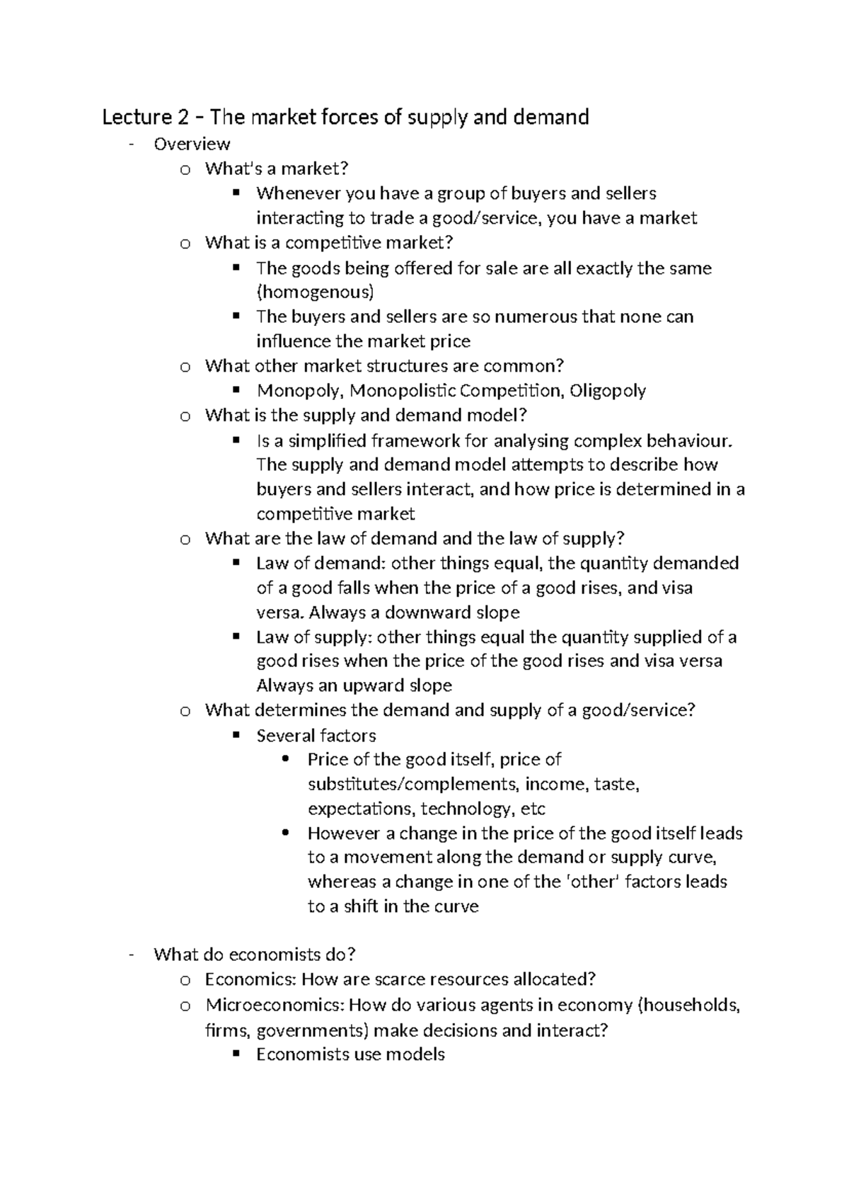 Lecture 2 - Lecture 2 – The market forces of supply and demand Overview ...