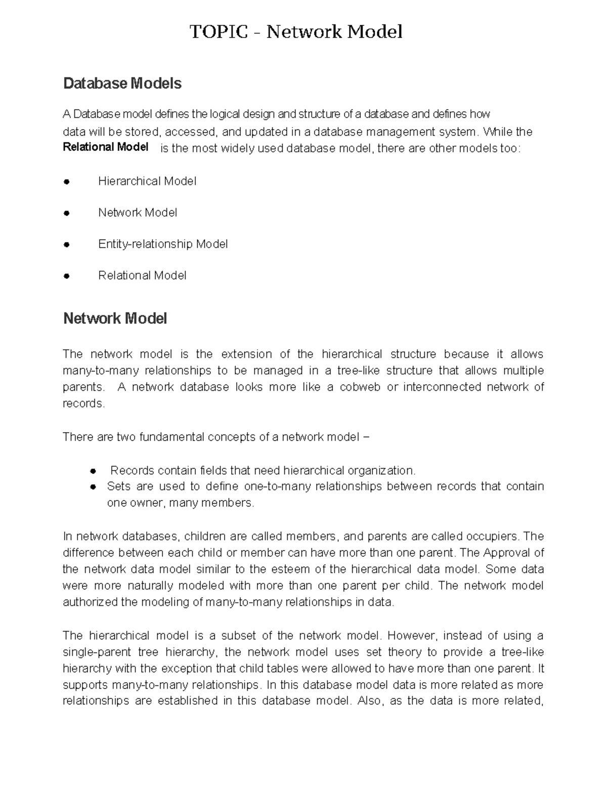 Network models in DBMS - data will be stored, accessed, and updated in ...