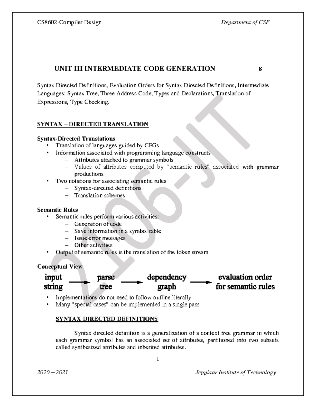 113 - 1 UNIT III INTERMEDIATE CODE GENERATION 8 Syntax Directed ...
