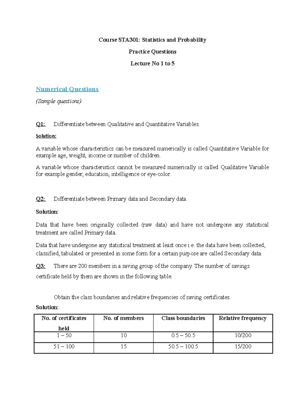 sta301 statistics and probability assignment 1 solution