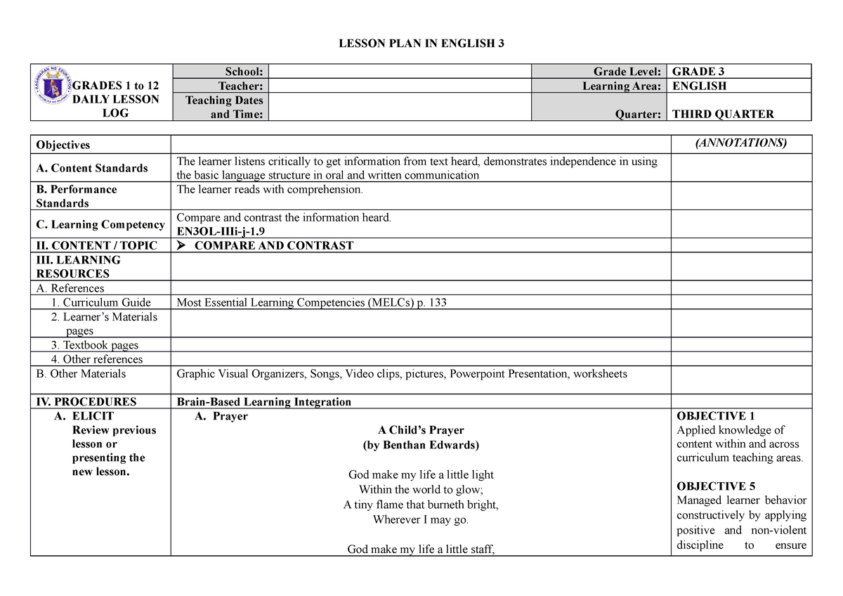 English 3 3RD Quarter COT - LESSON PLAN IN ENGLISH 3 GRADES 1 To 12 ...