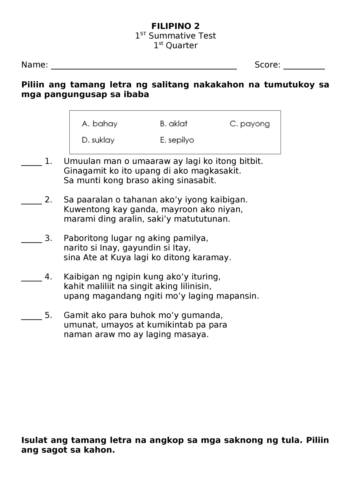 Filipino 2 ST1 Q1 - NONE - FILIPINO 2 1 ST Summative Test 1 St Quarter ...