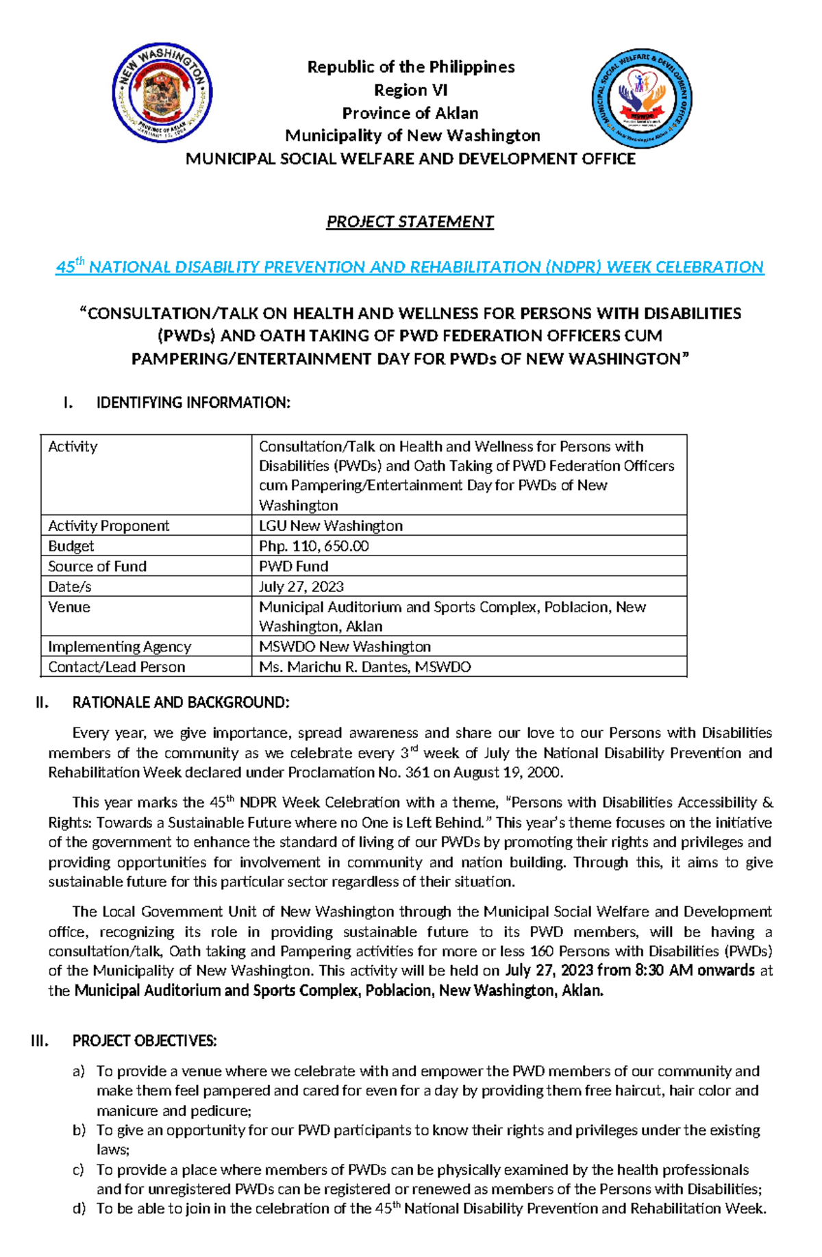 NDPR week proposal - Activity Design For PWD Week Celebration ...