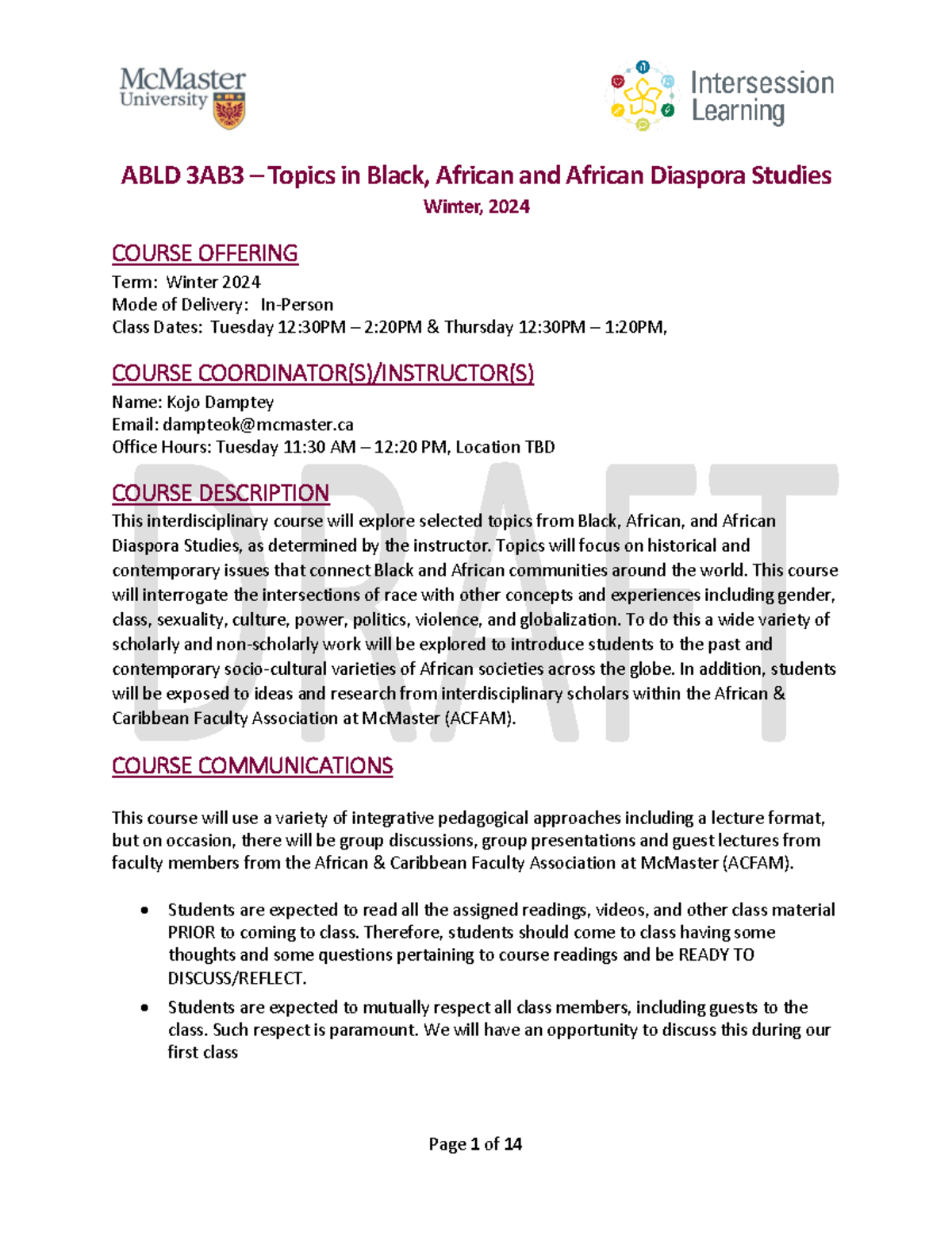 ABLD3AB3-Course Outline Winter 2024 - ABLD 3AB3 – Topics in Black ...