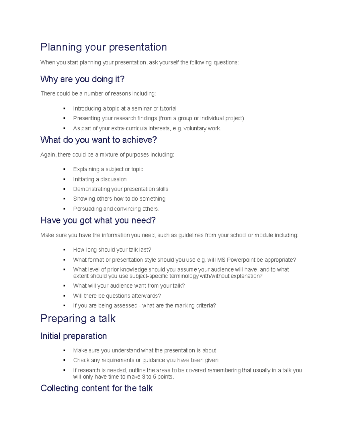 Planning your presentation voluntary work. What do you want to