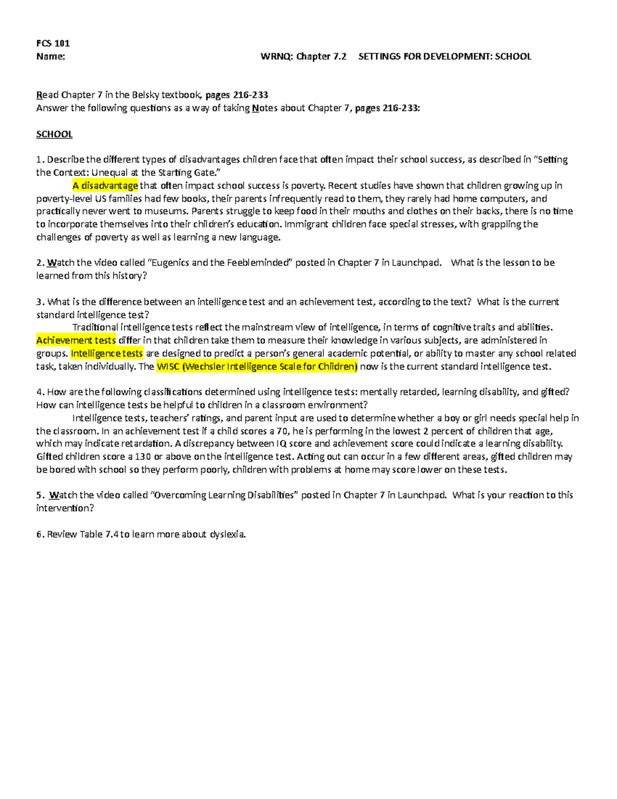 Ch7 - notes - FCS 101 Name: WRNQ: Chapter 7 SETTINGS FOR DEVELOPMENT ...