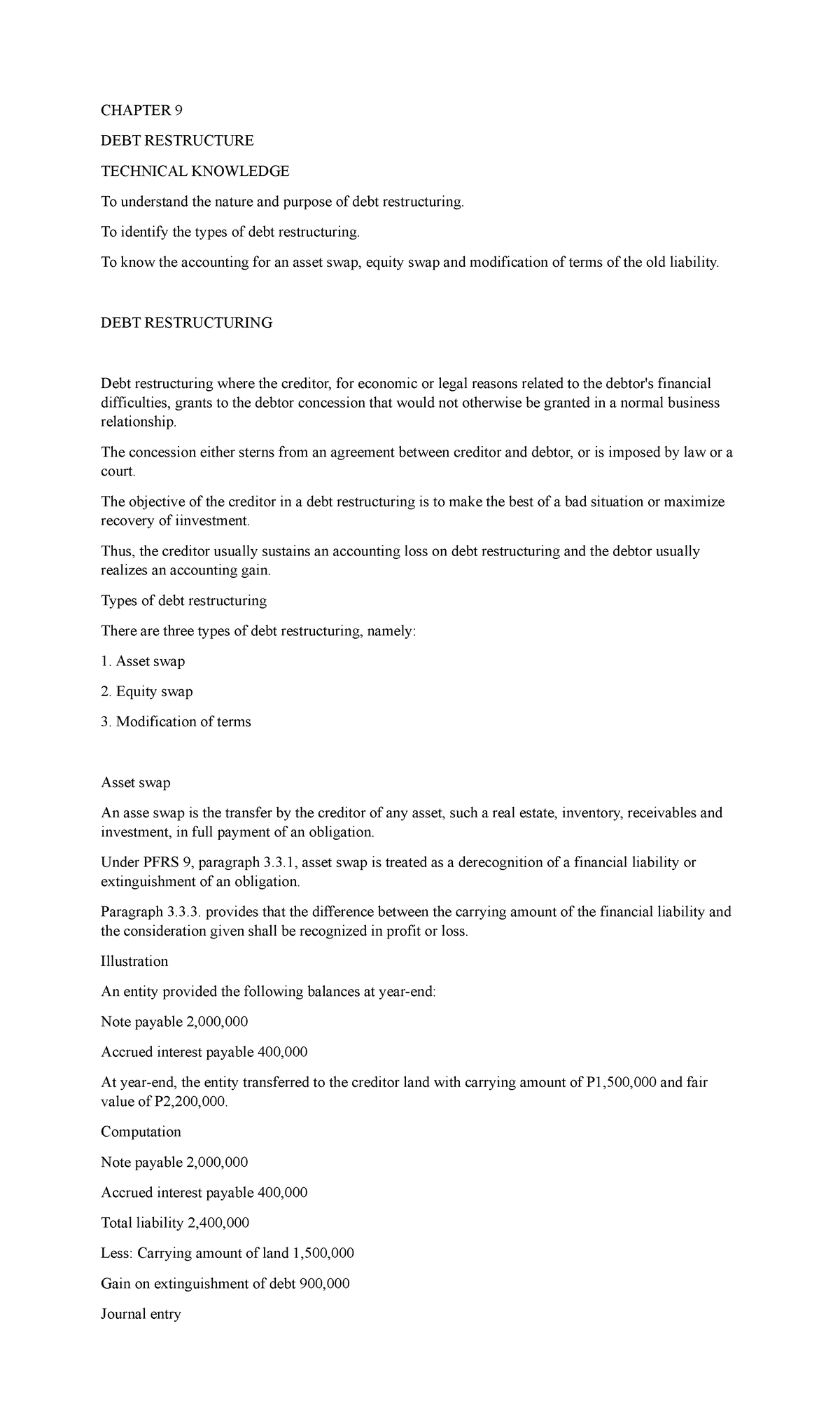 Intermediate accounting CHAPTER 9 DEBT RESTRUCTURE TECHNICAL
