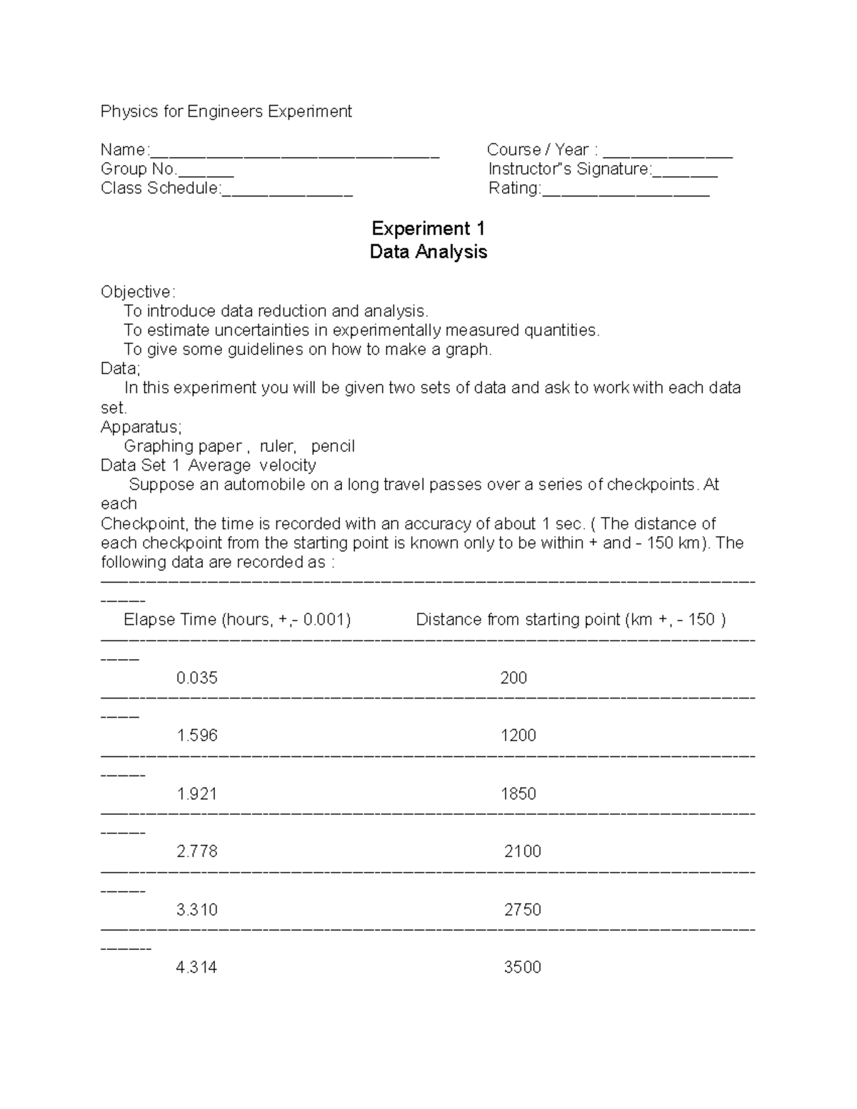 Physics for Engineers Experiment Physics for Engineers Experiment