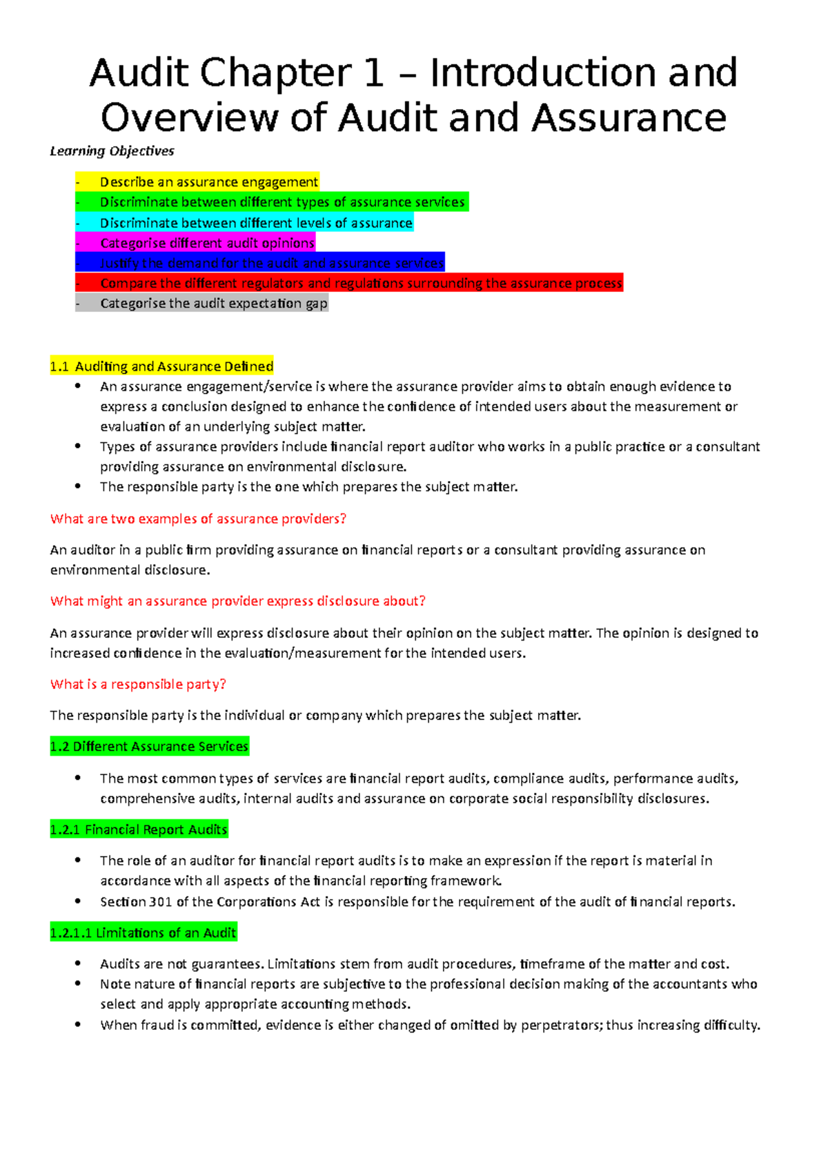 Audit Chapter 1 - Types Of Assurance Providers Include Financial Report ...