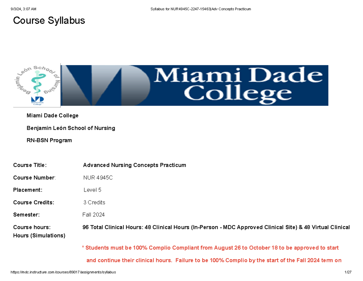 Syllabus for NUR4945C-2247-15463 Adv Concepts Practicum - Course ...