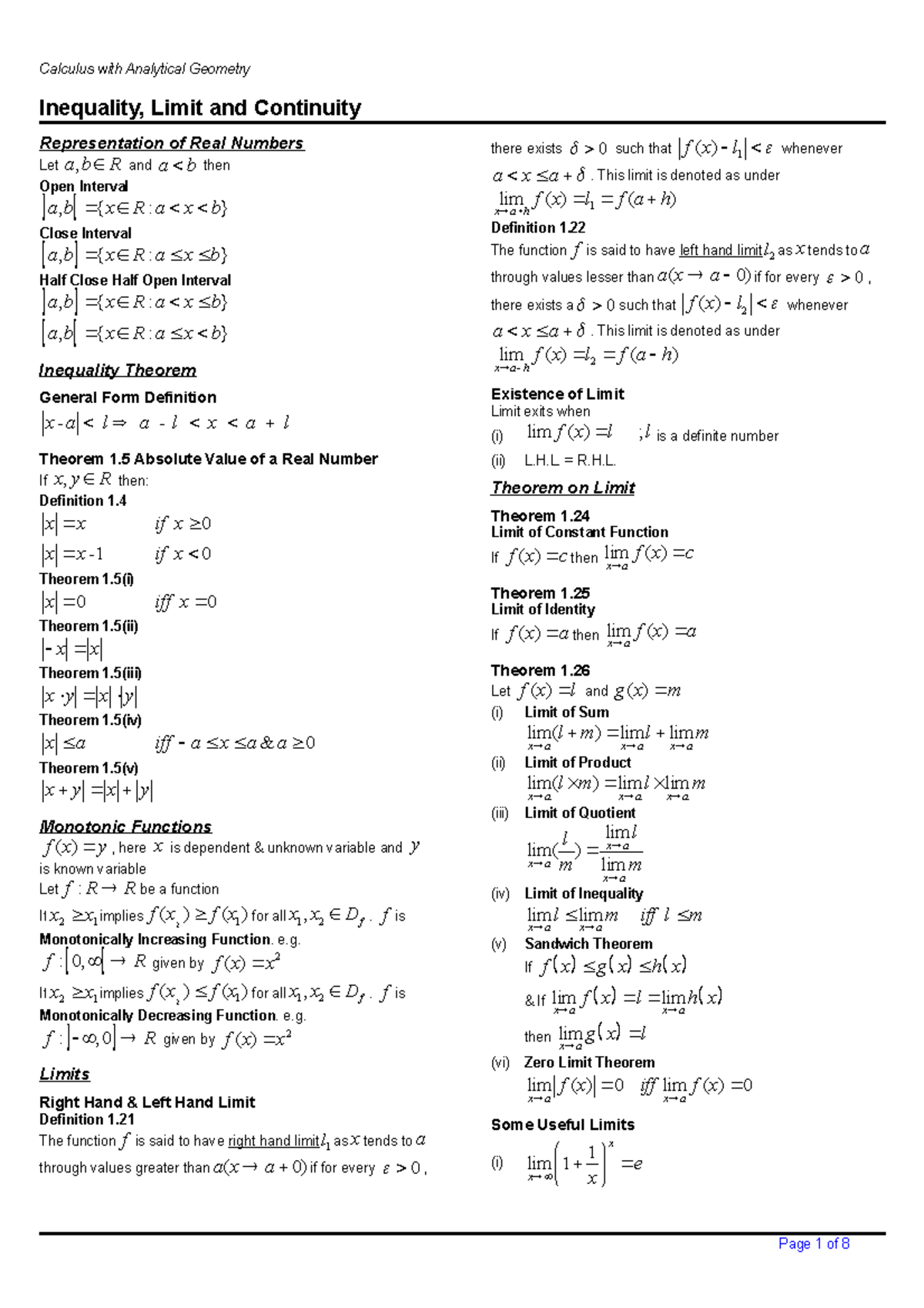 BSc Math Calculus - Short notes/summary - Inequality, Limit and ...