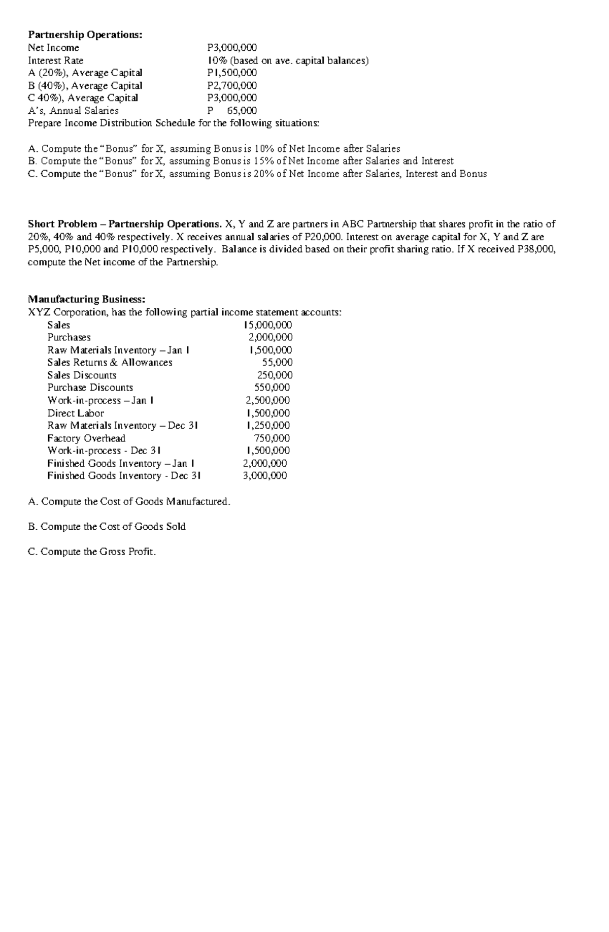 Partnership and Manufacturing Handouts - Partnership Operations: Net ...