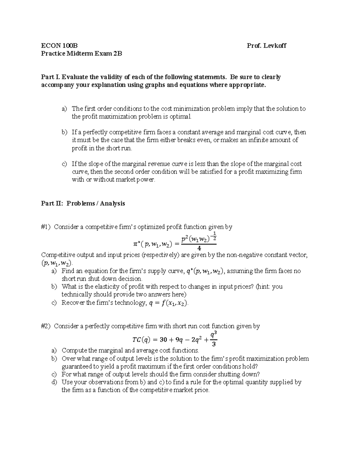 Practice Midterm Exam 2B - ECON 100B Prof. Levkoff Practice Midterm ...