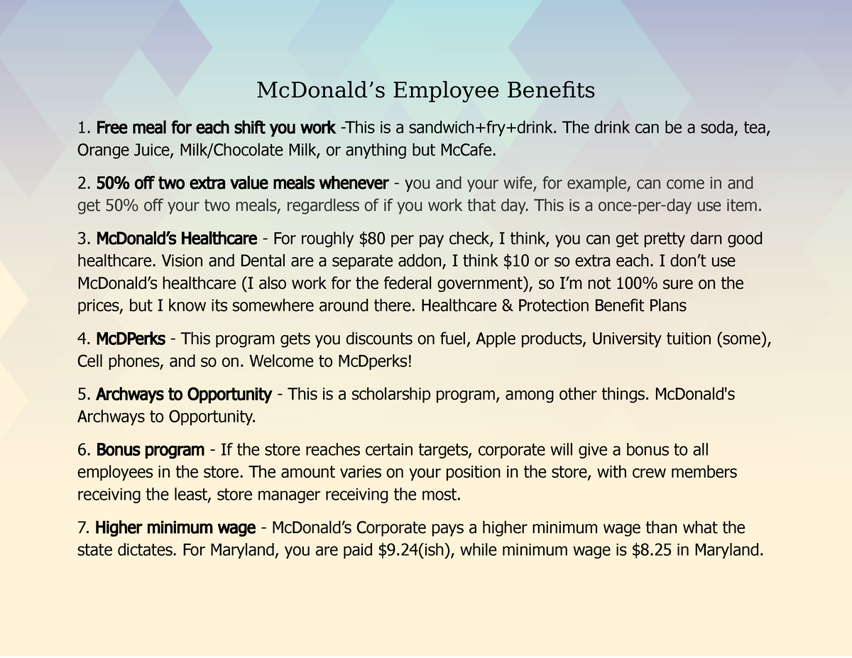 Individual benefits company McDonald’s Employee Benefits Free meal