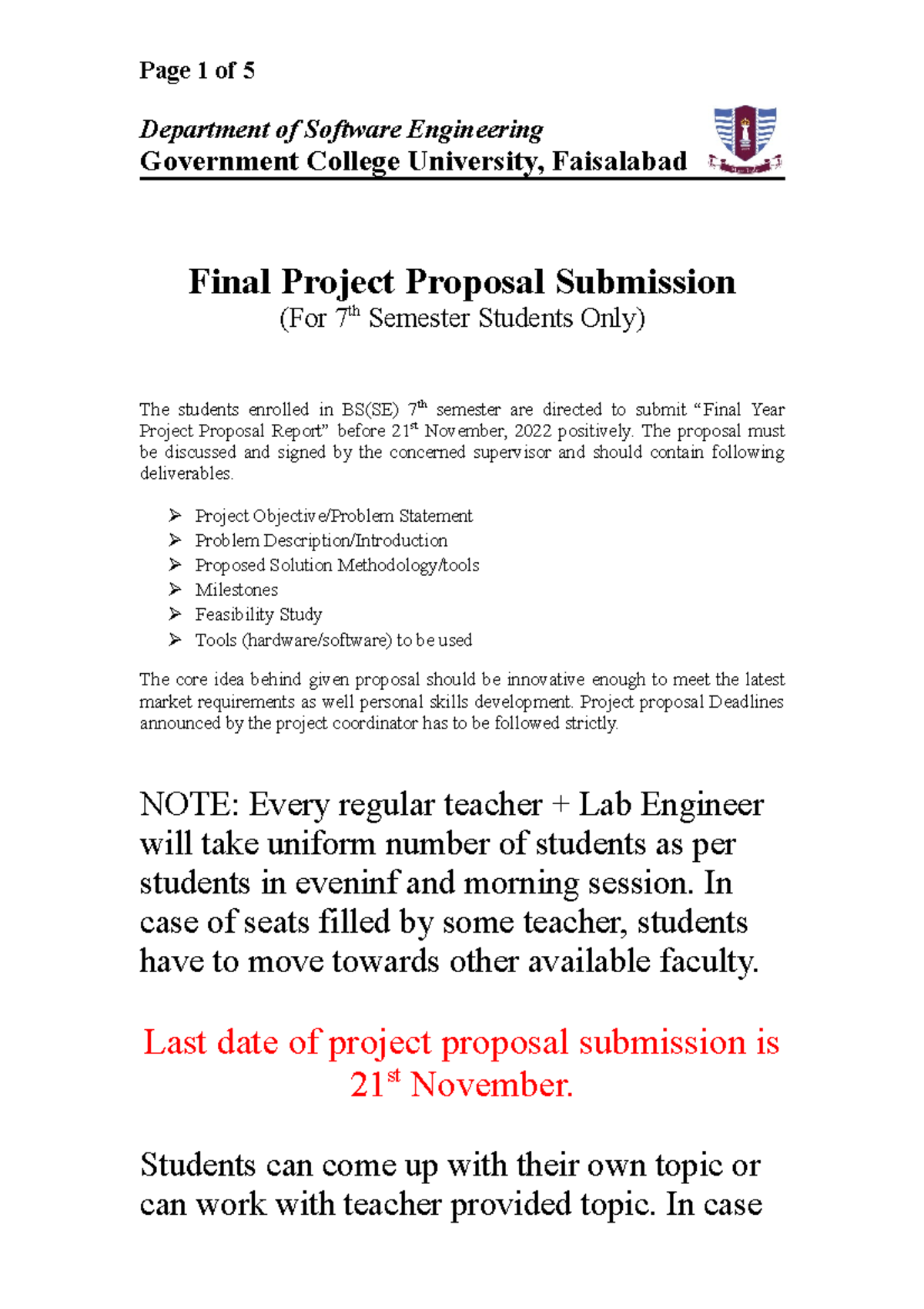 FYP Proposal submission - ####### Department of Software Engineering ...
