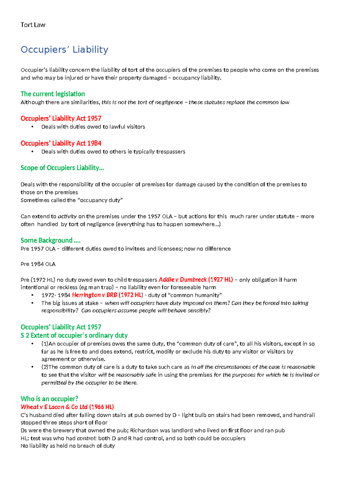 Tort Law Notes - Occupiers’ Liability Occupier’s liability concern the ...