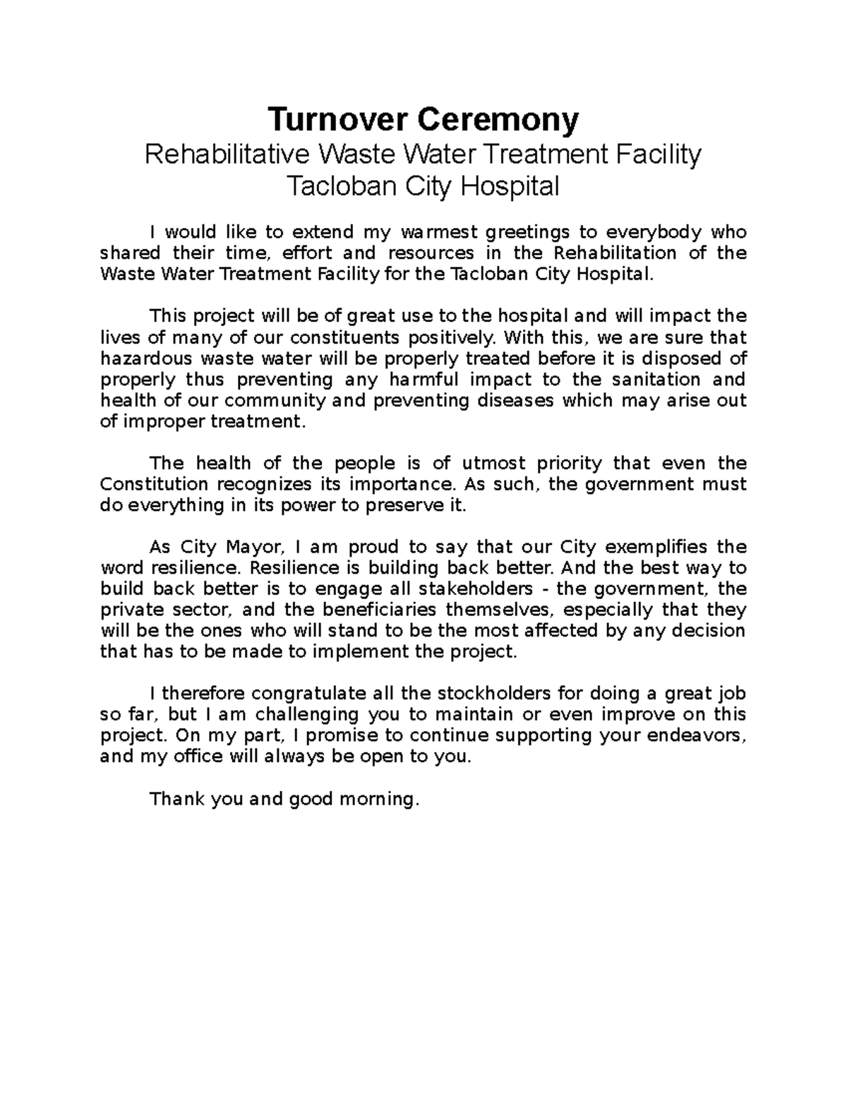 Waste Water Turnover Turnover Ceremony Rehabilitative Waste Water