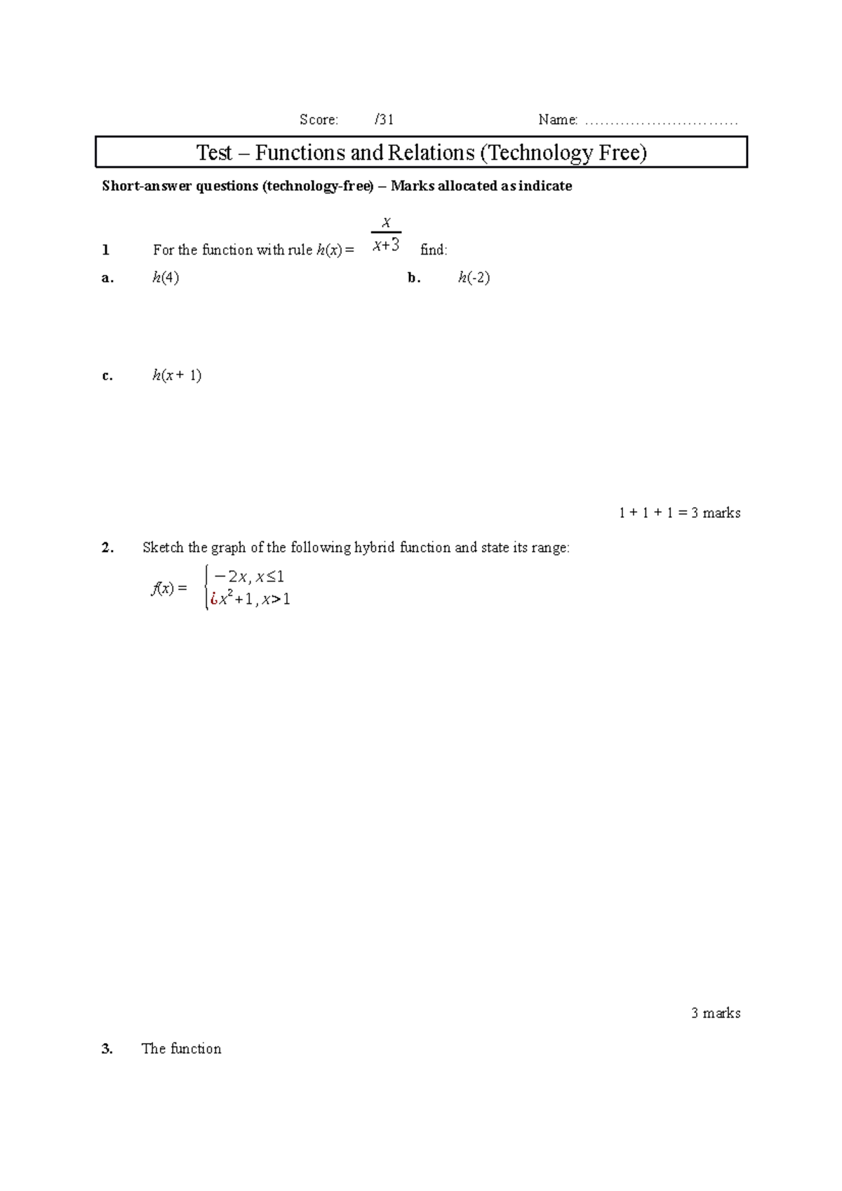 11 Methods Functions Test 2019 - Score: /31 Name ...