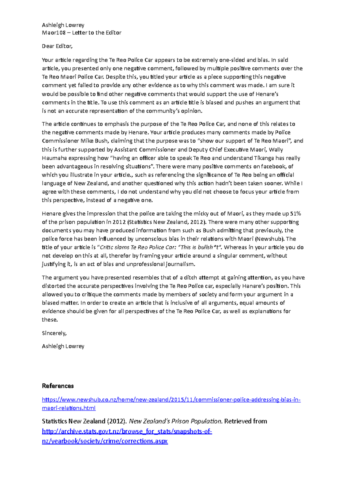 Letter to the Editor - Ashleigh Lowrey - Ashleigh Lowrey Maor108 ...