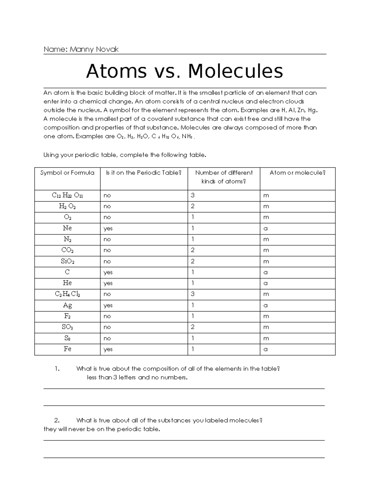 Copy of Atoms vs. Molecules - Name: Manny Novak Atoms vs. Molecules An ...