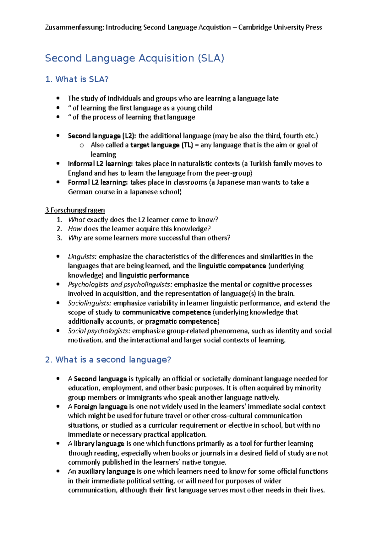 AL 8 Second Language Acquisition - Zusammenfassung: Introducing Second ...