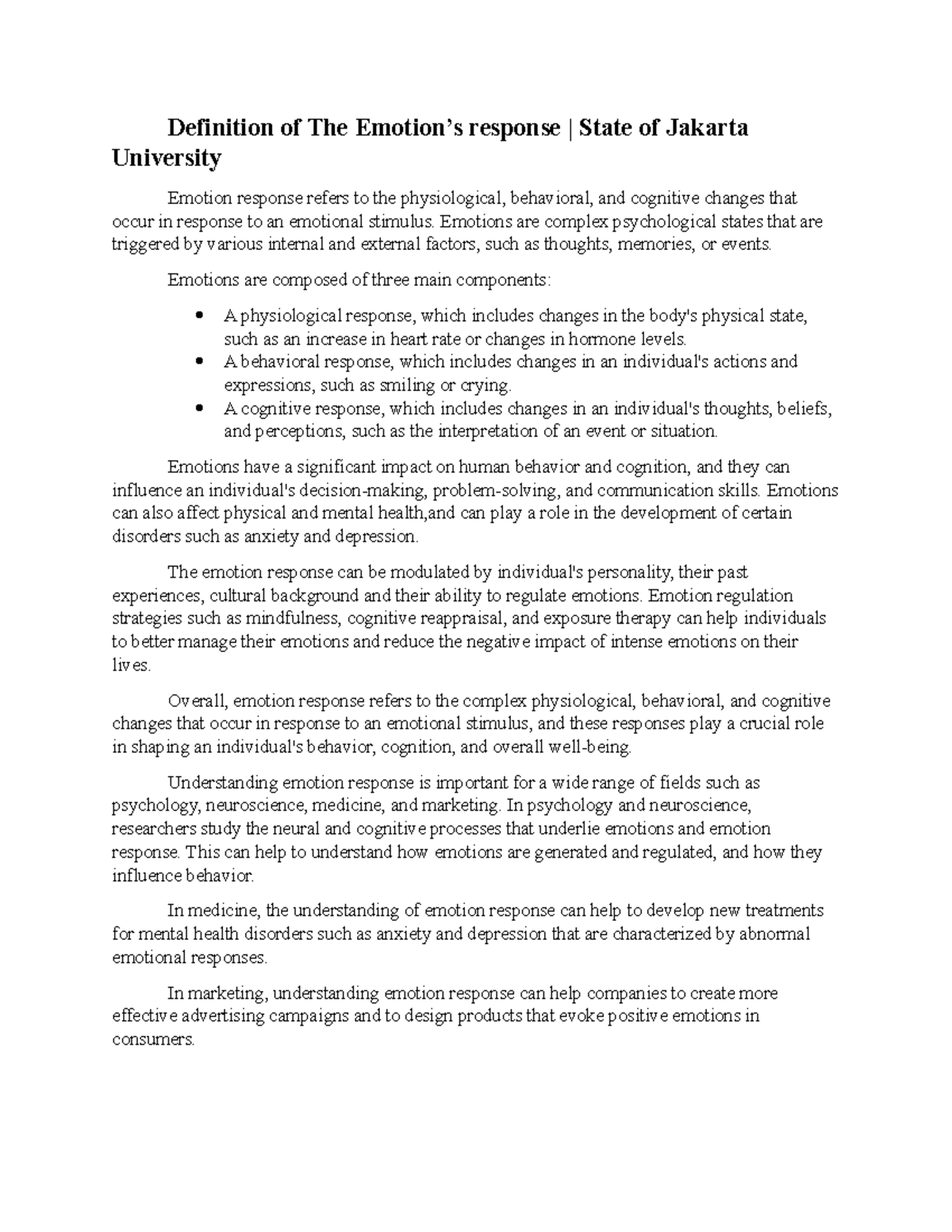 Definition of The Emotion’s response State of Jakarta University