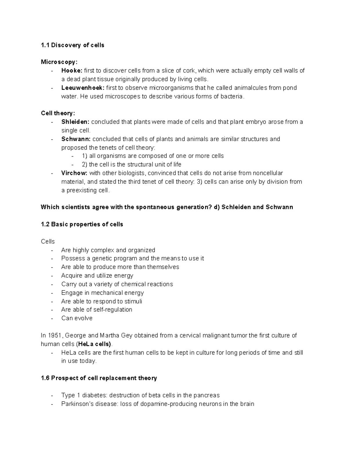 Chapter 1 Notes - Intro - 1 Discovery of cells Microscopy: - Hooke ...