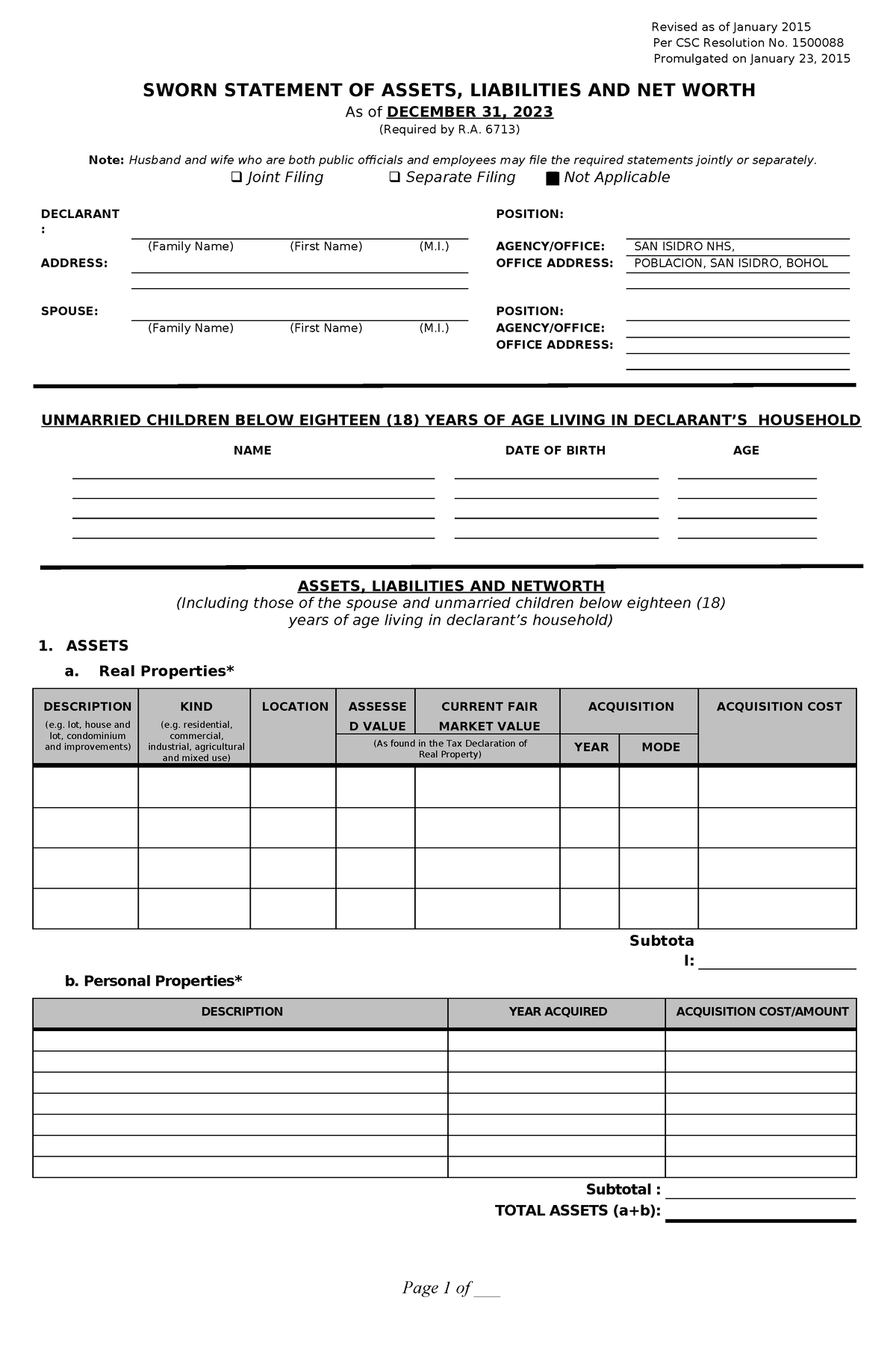 Saln-2023 - Gov - Revised As Of January 2015 Per Csc Resolution No 