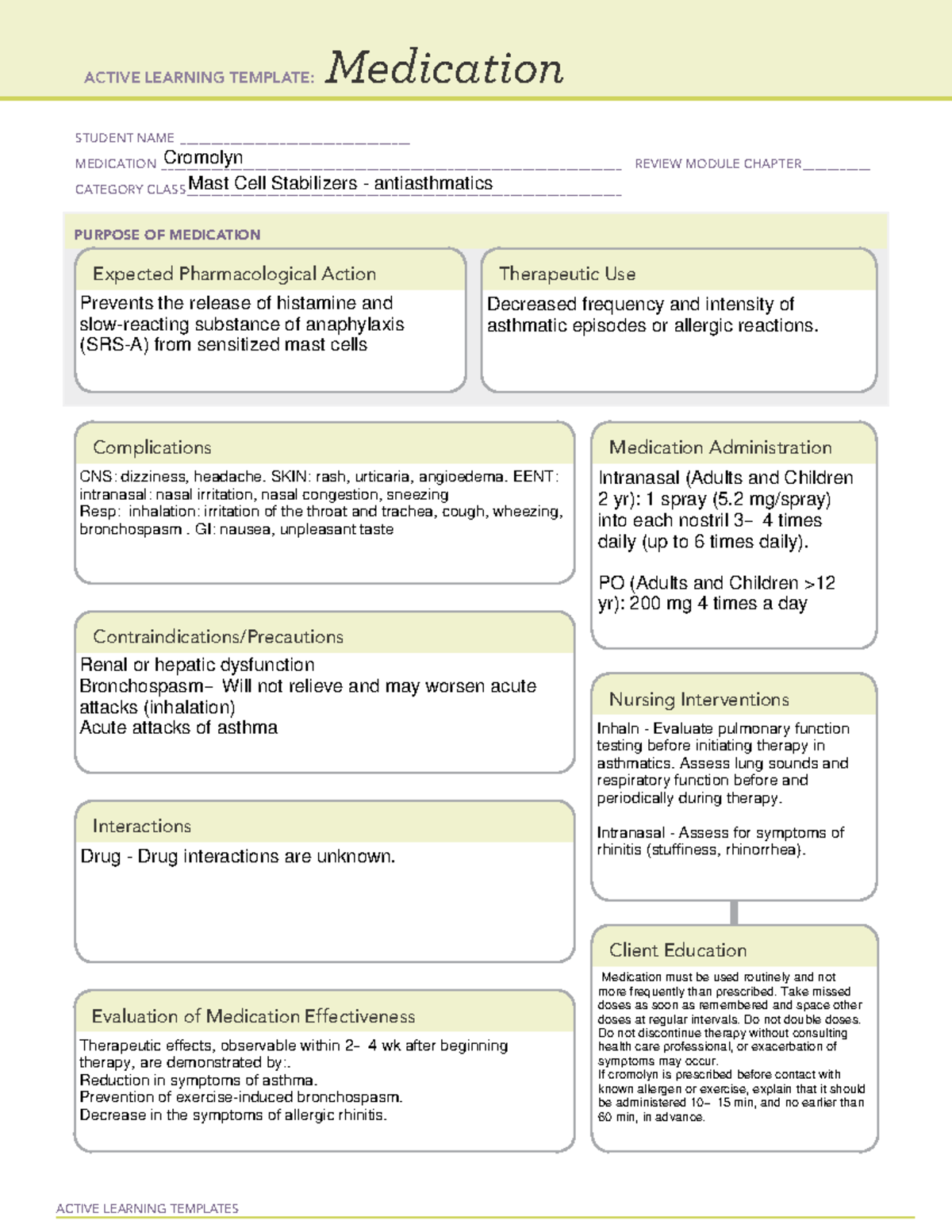 ATI Active Learning Template Medication Cromolyn ACTIVE LEARNING 