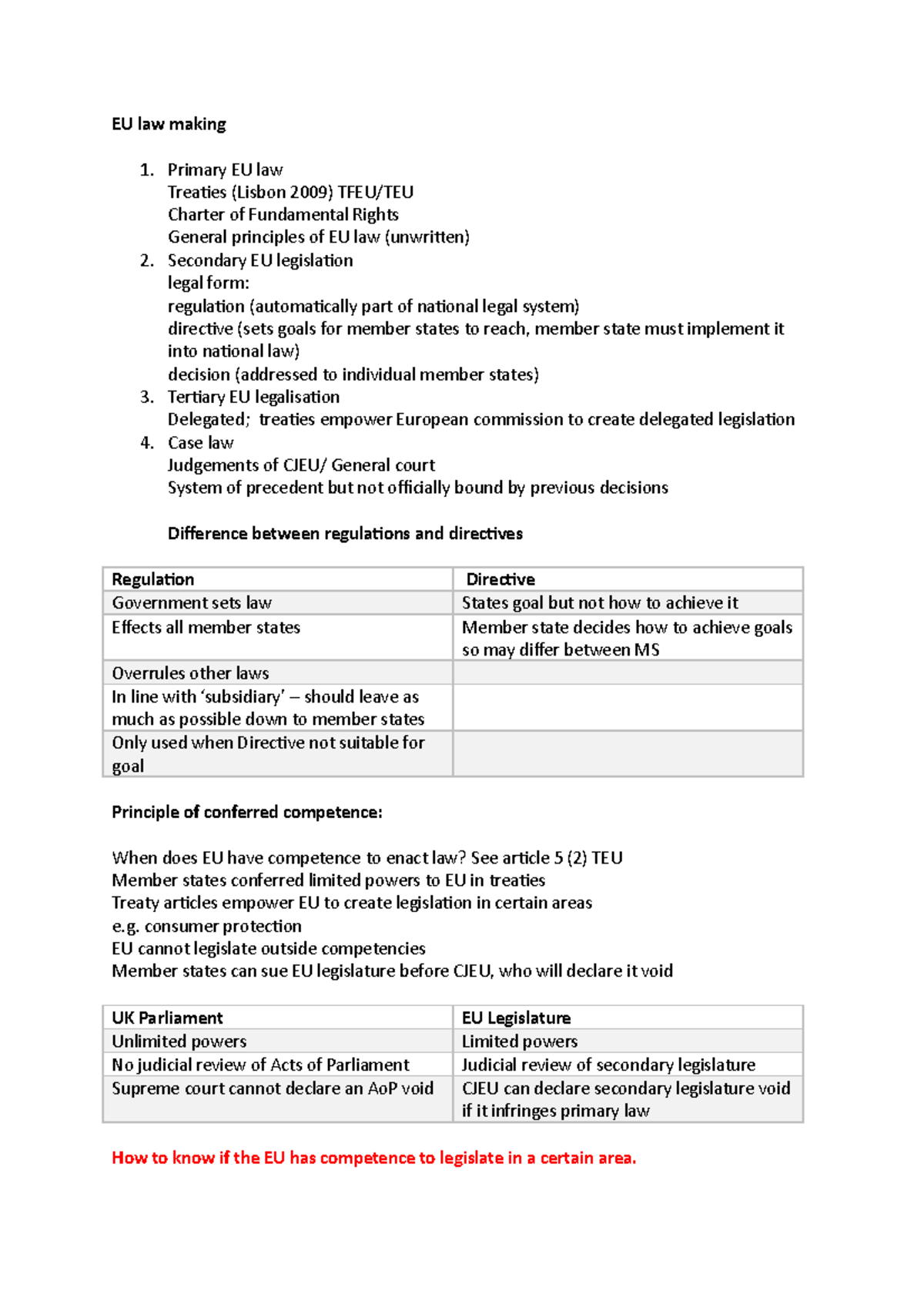 EU law making - Lecture notes 1-4 - EU law making Primary EU law ...