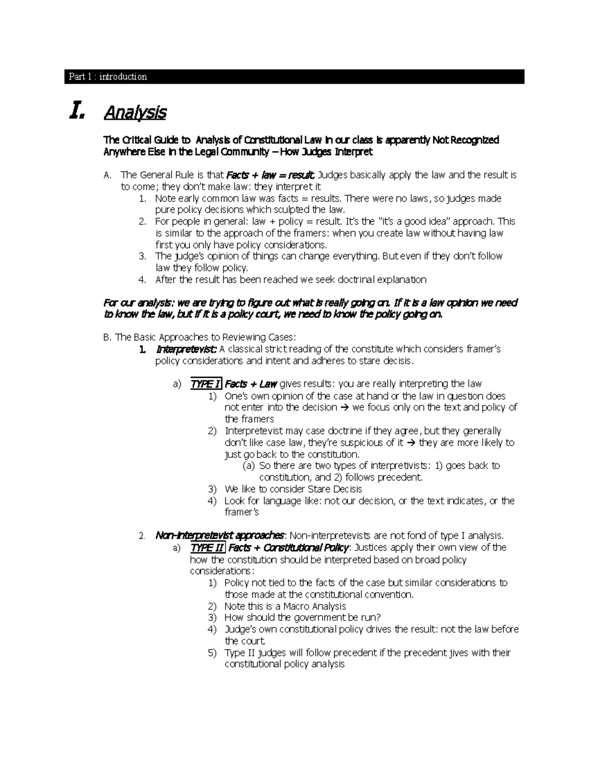 Constitutional Law Outline - 1 - Part 1 : introduction I. Analysis The ...