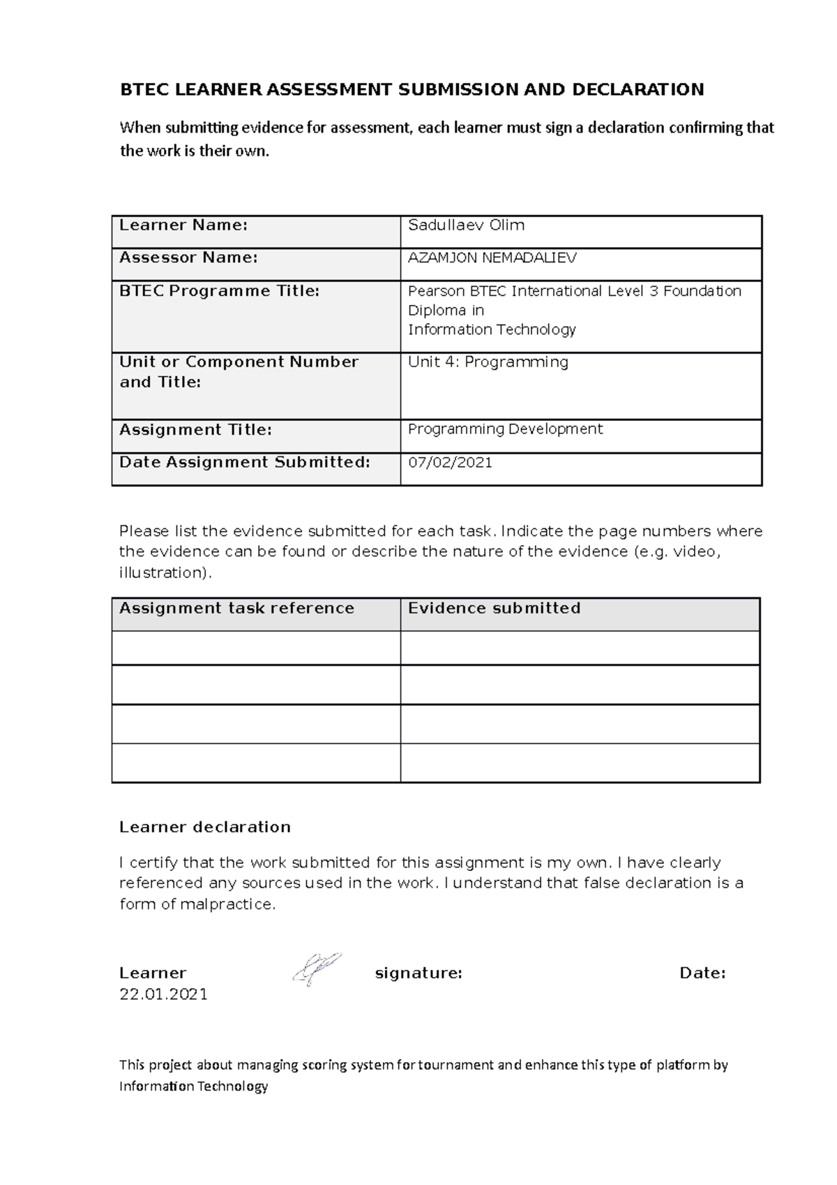 BTEC Learner Assessment Submission and Declaration - BTEC LEARNER ...