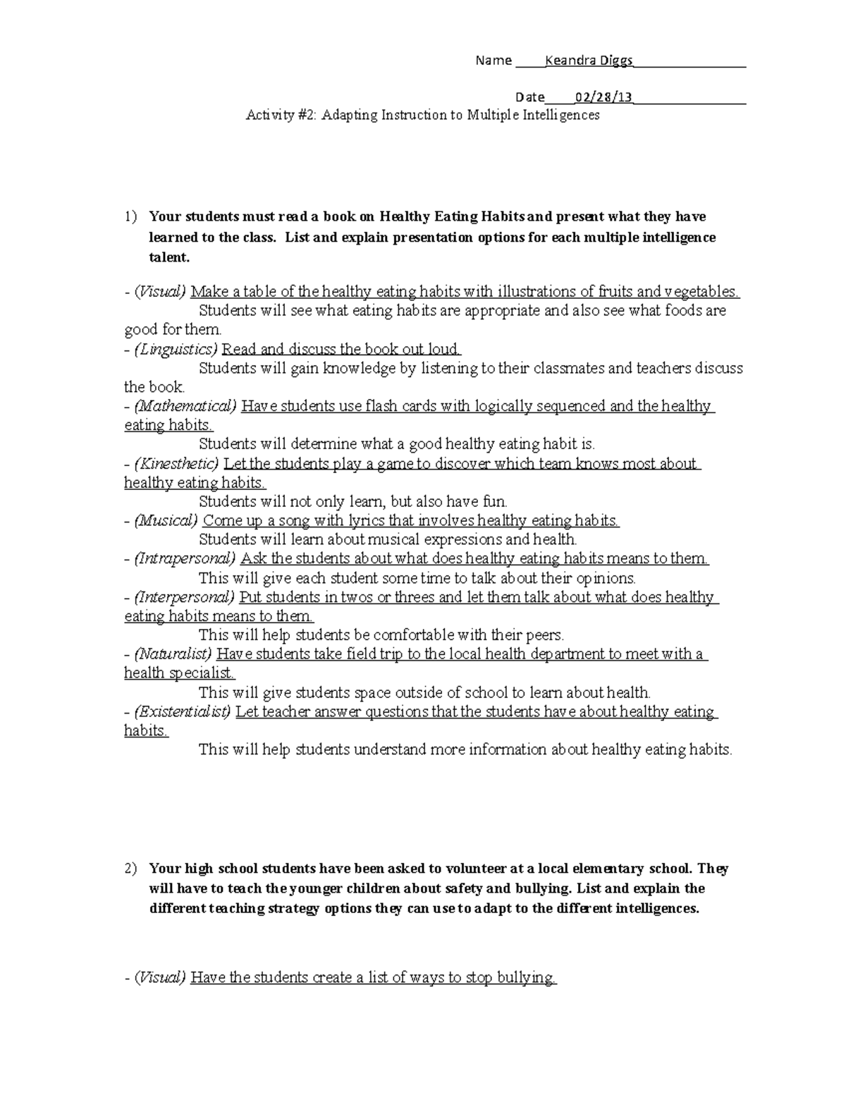 Activity 2 Adapting Instruction to Multiple Intelligences - Name ...