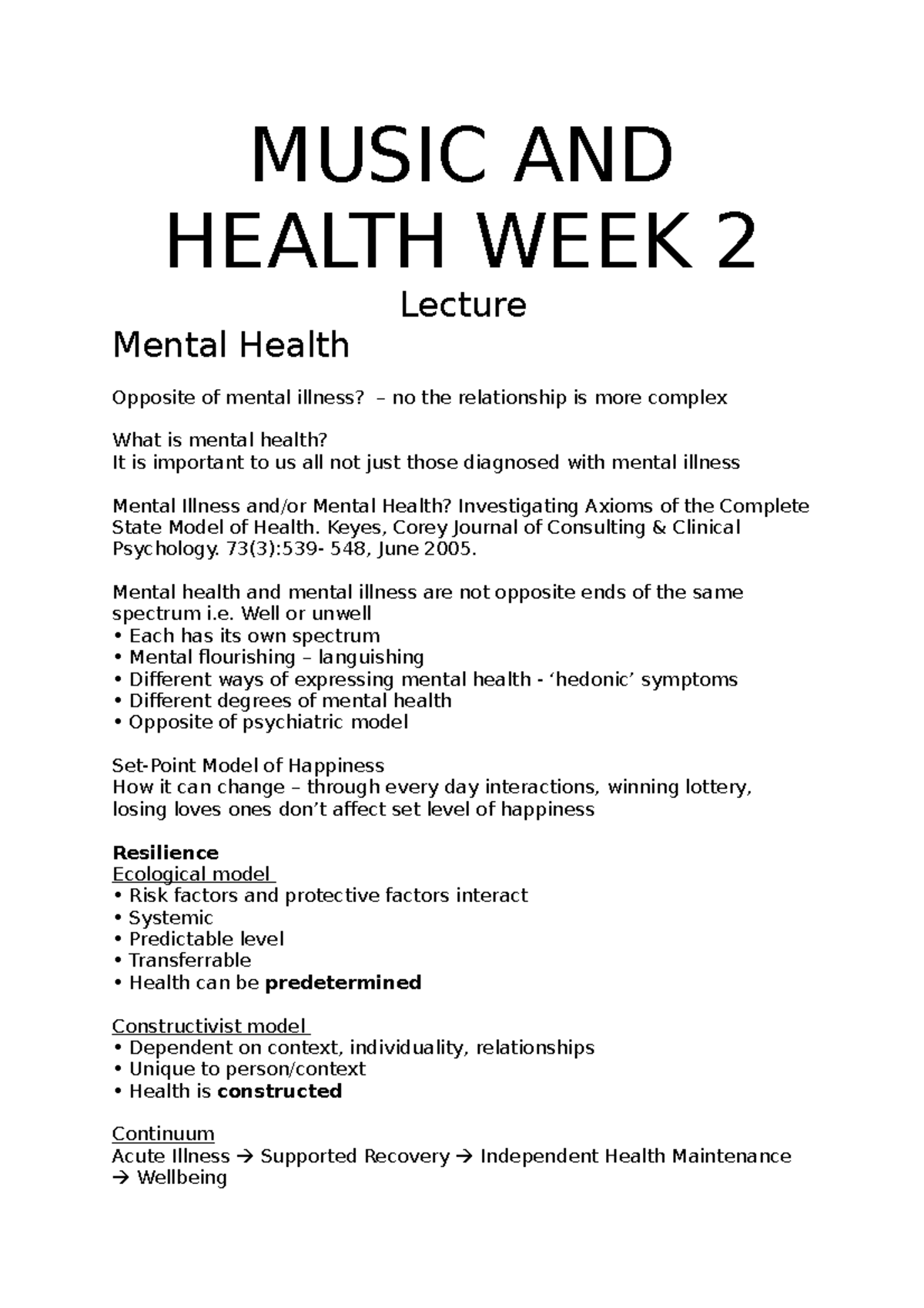 Music AND Health WEEK 2 - Lecture notes 2 - MUSIC AND HEALTH WEEK 2 ...