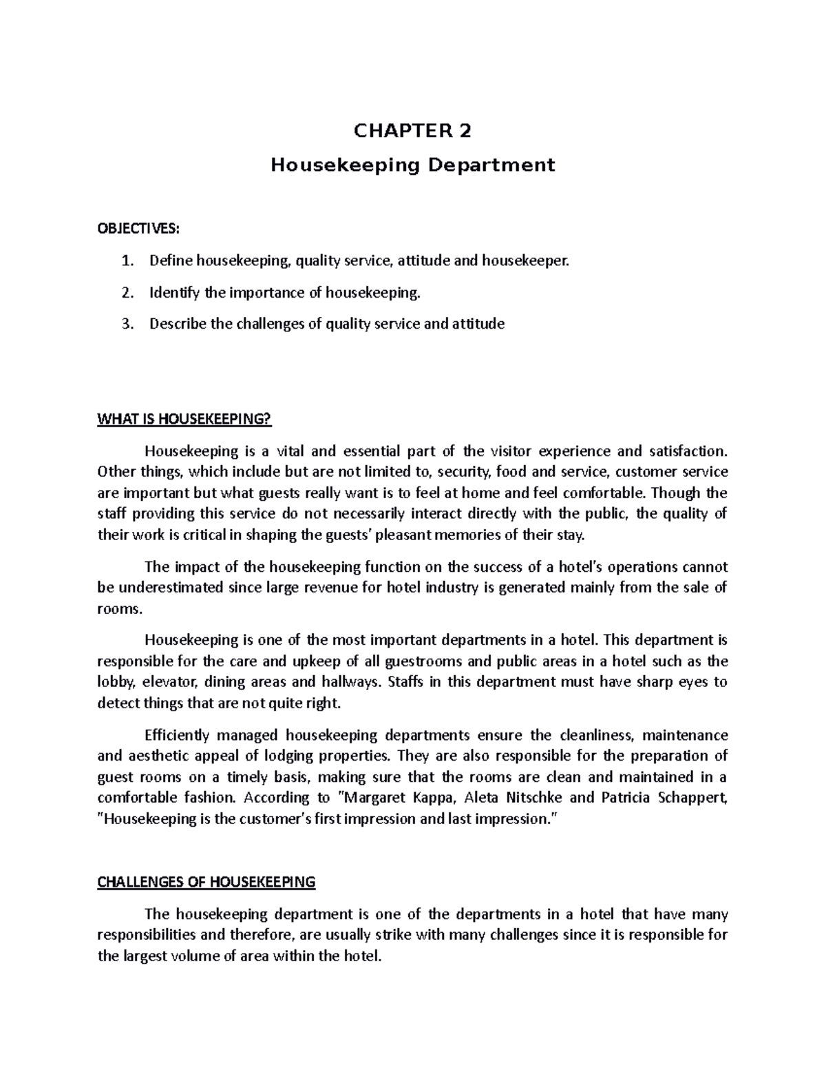 Handouts Chapter 2 CHAPTER 2 Housekeeping Department OBJECTIVES 1