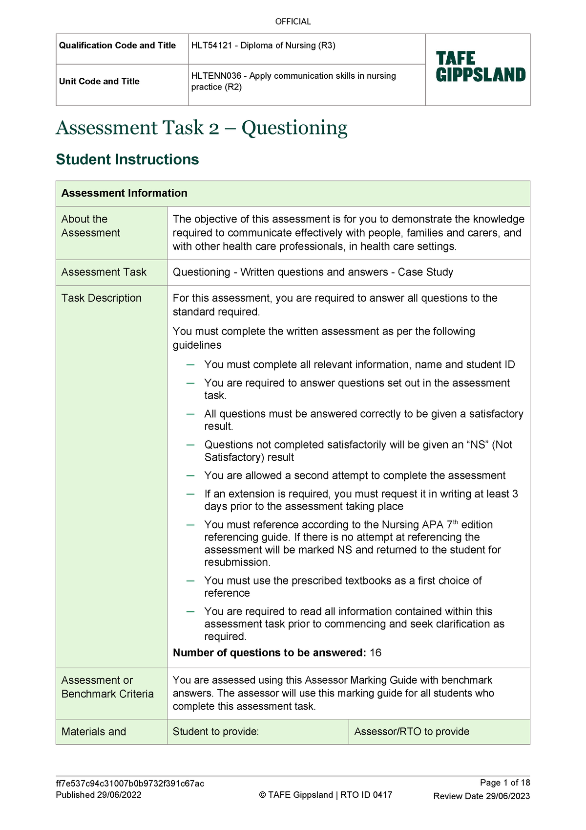 HLT54121 Hltenn 036 AT2 QUE FV1 - Qualification Code and Title HLT54121 ...