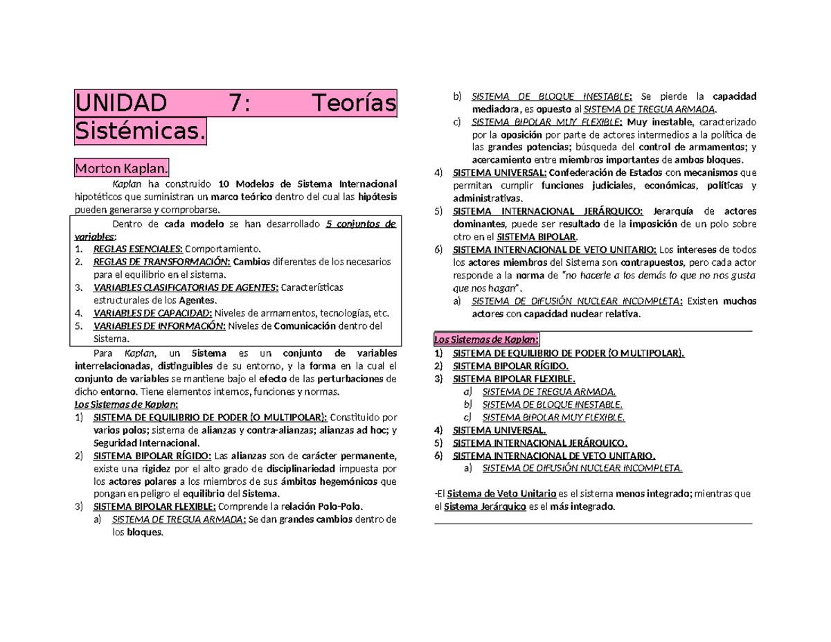 Teoría Unidad 7 - - UNIDAD 7: Teorías Sistémicas. Morton Kaplan