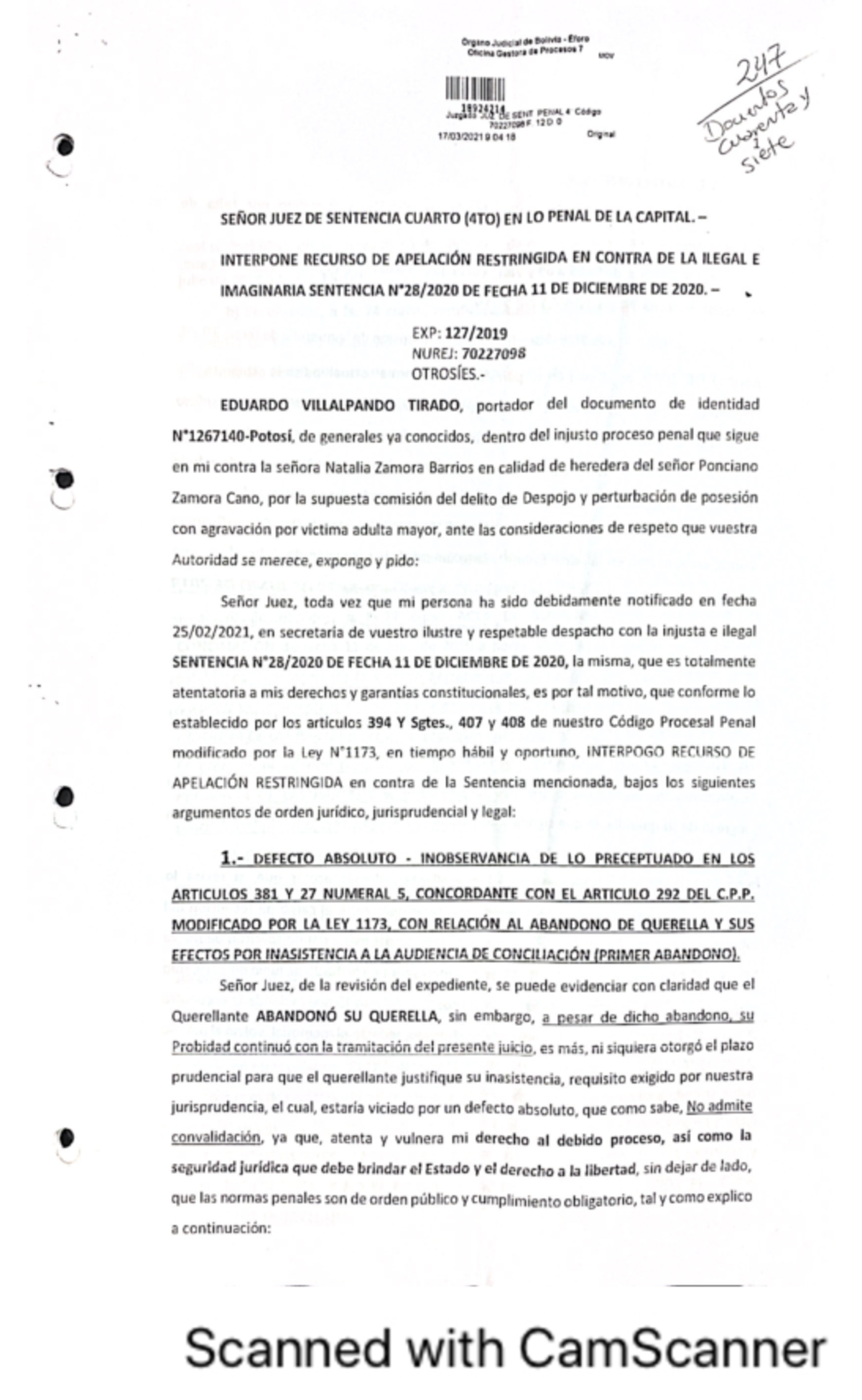 Sentencia penal 4to - Organo Judicial de Bolivia Eforo Oficina Gestora