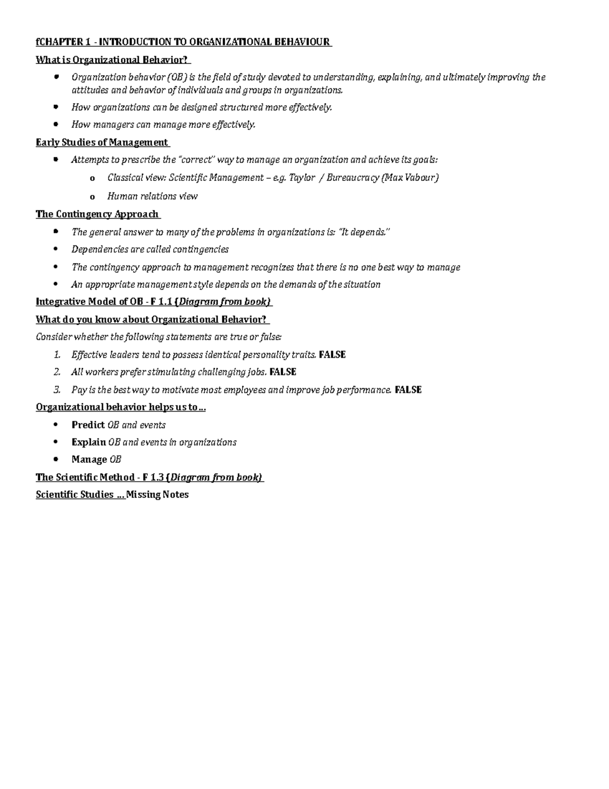 2336 notes 1 - fCHAPTER 1 - INTRODUCTION TO ORGANIZATIONAL BEHAVIOUR ...