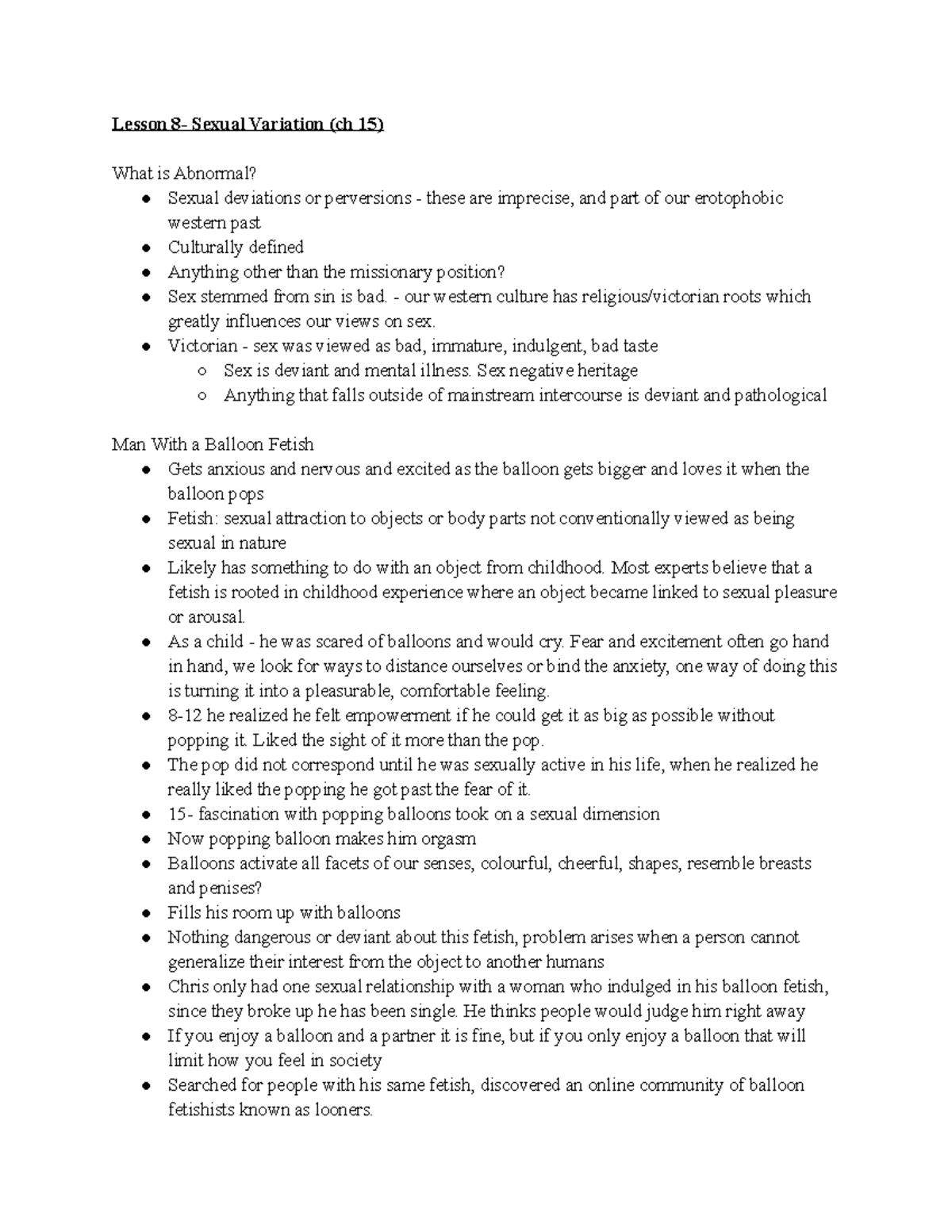 psych 2076 week 8 - Lesson 8- Sexual Variation (ch 15) What is Abnormal? ○ Sexual deviations or image