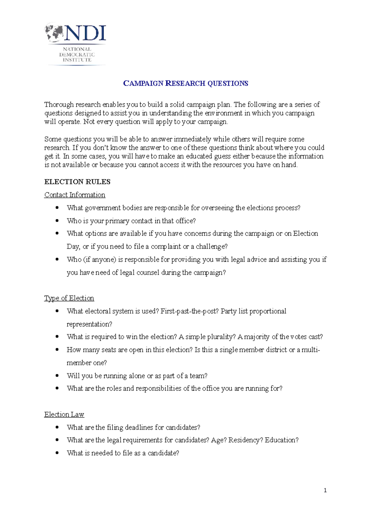Handout 1 - Campaign Research Questions - CAMPAIGN RESEARCH QUESTIONS ...