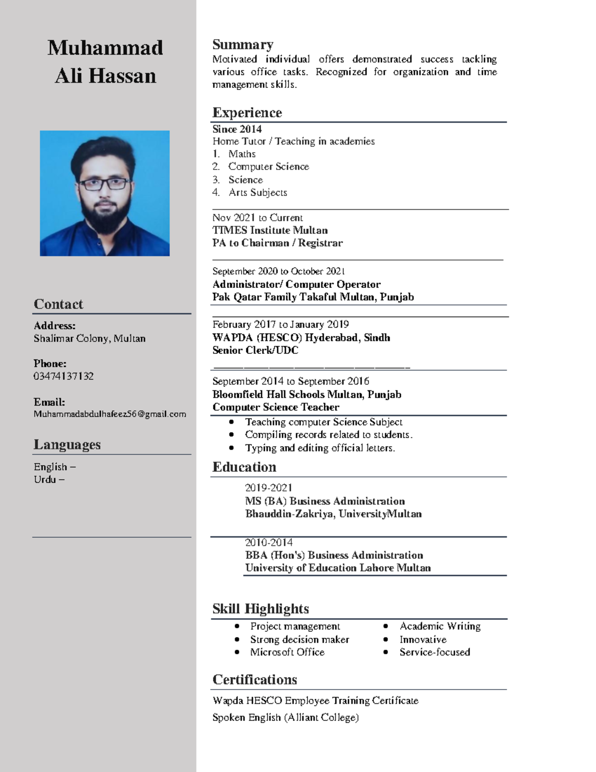 ALi Hassan curriculum vitae for job - Marketing Management - BZU - Studocu