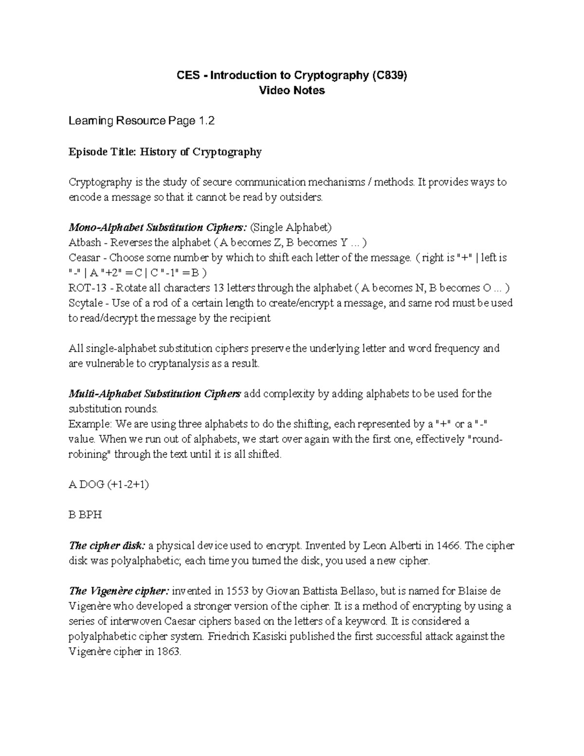 CES Cryptography Video Notes - CES - Introduction to Cryptography (C839 ...