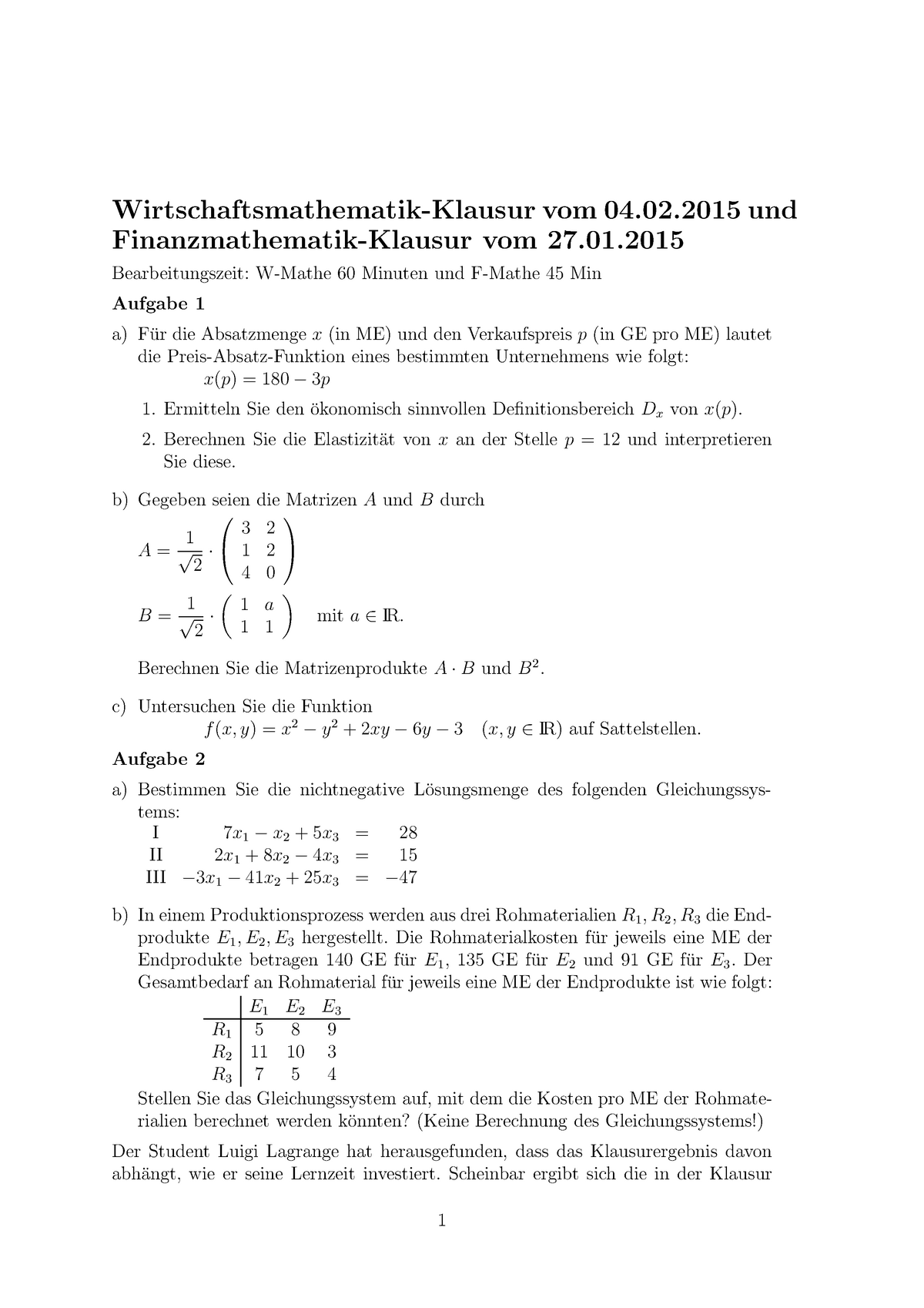 Klausur 4 Februar 2015, Fragen und Antworten - Mathe 1 ...