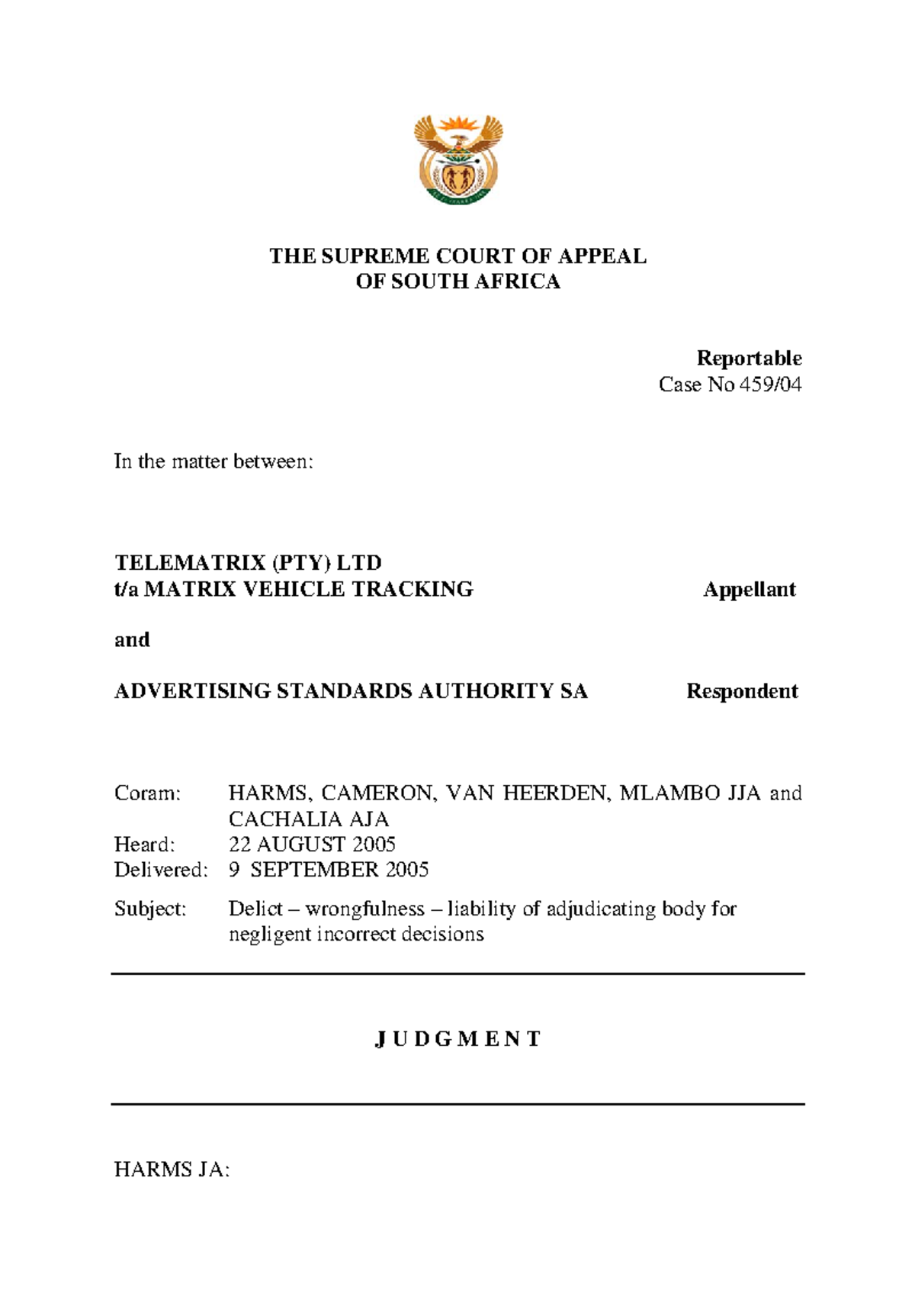 Telematrics case THE SUPREME COURT OF APPEAL OF SOUTH AFRICA Reportable Case No 459/ In the