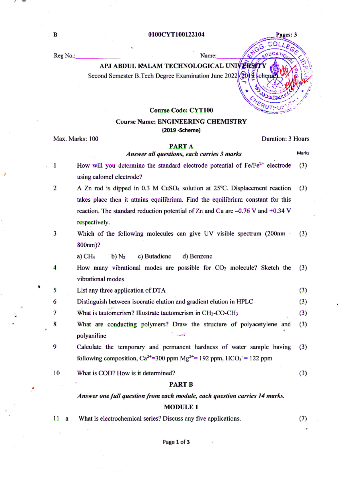 Question Paper_CYT100 Engineering Chemistry, JUNE 2022 - ####### B ...