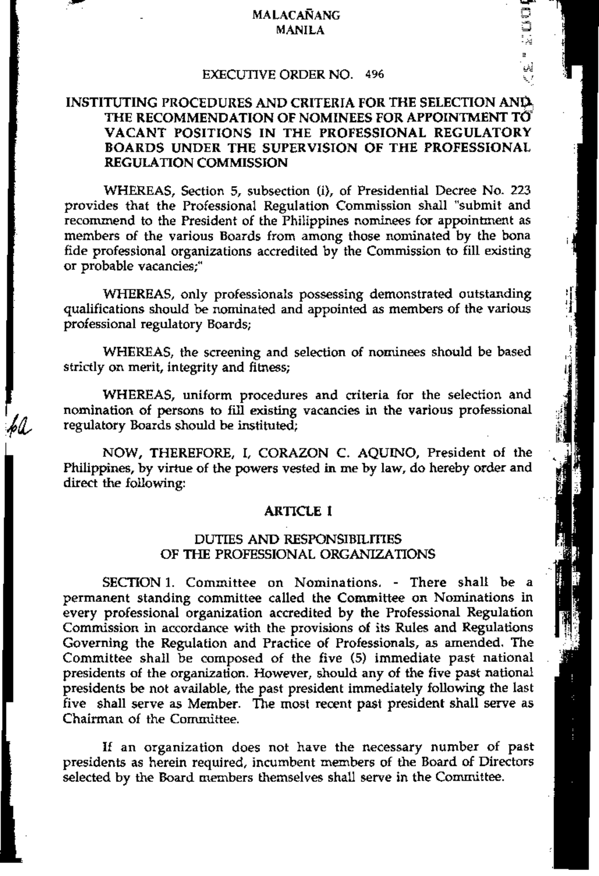 EO 496 1991 - EO 51 - MALACANANG ~:c ., MANILA ####### EXECUTIVE ORDER ...