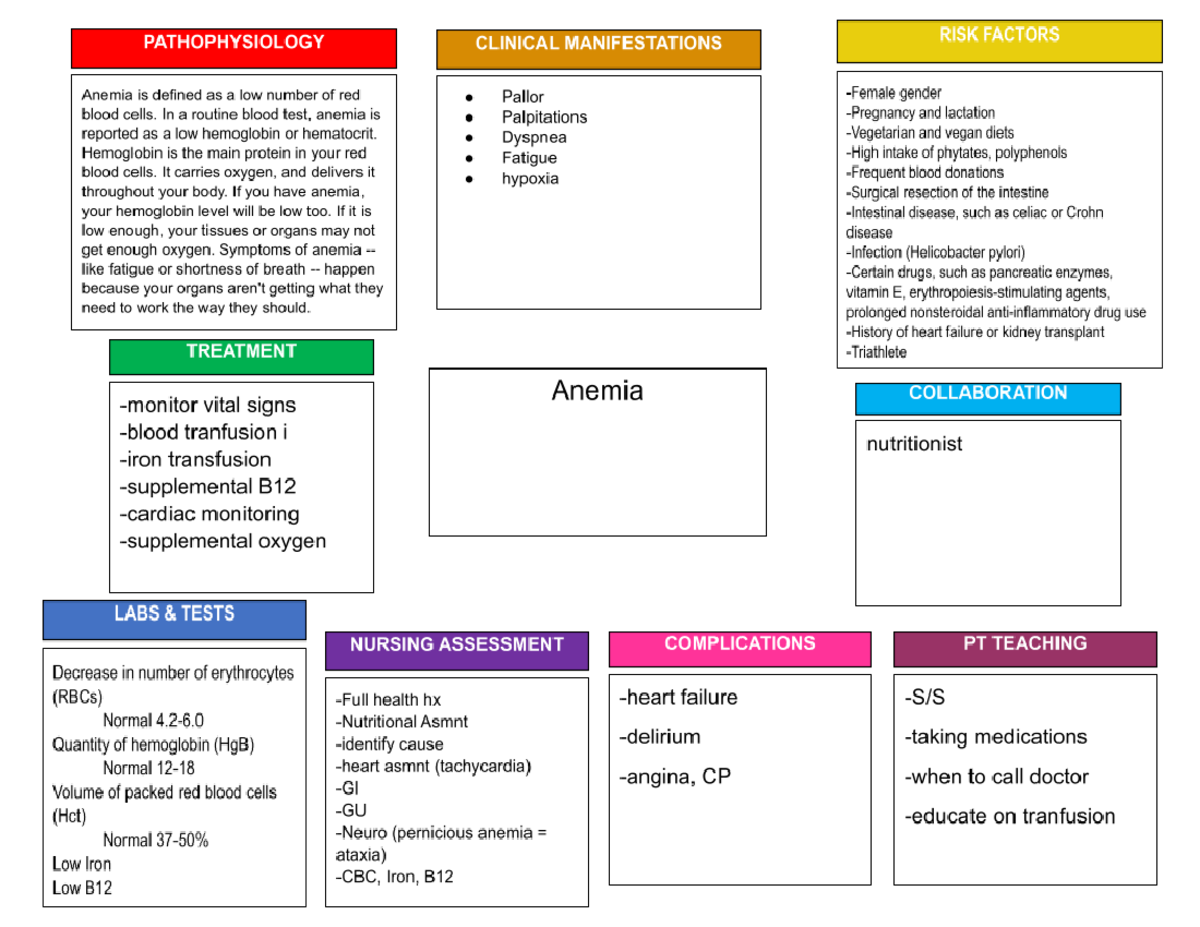 Concept Map Anemia PATHOPHYSIOLOGY CLINICAL MANIFESTATIONS RISK