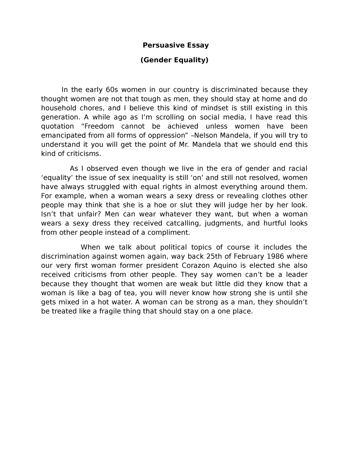 Persuasive Essay A Little Or Short Essay About Gender Equality 